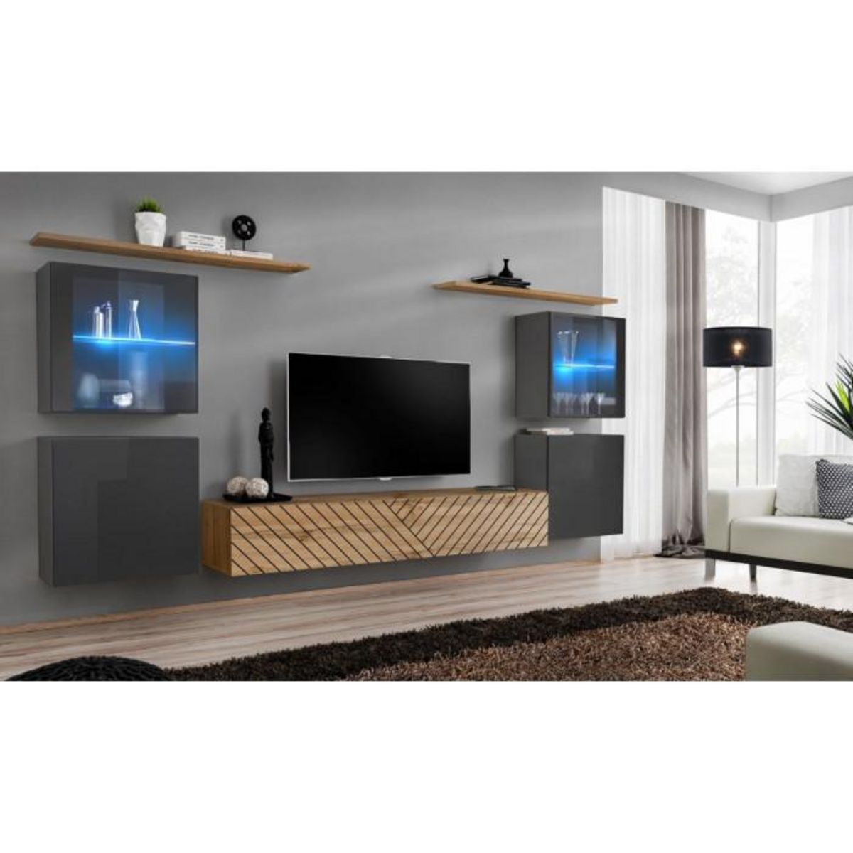 Paris Prix Ensemble Meuble TV  Switch Lamel XIV  320cm Naturel & Gris