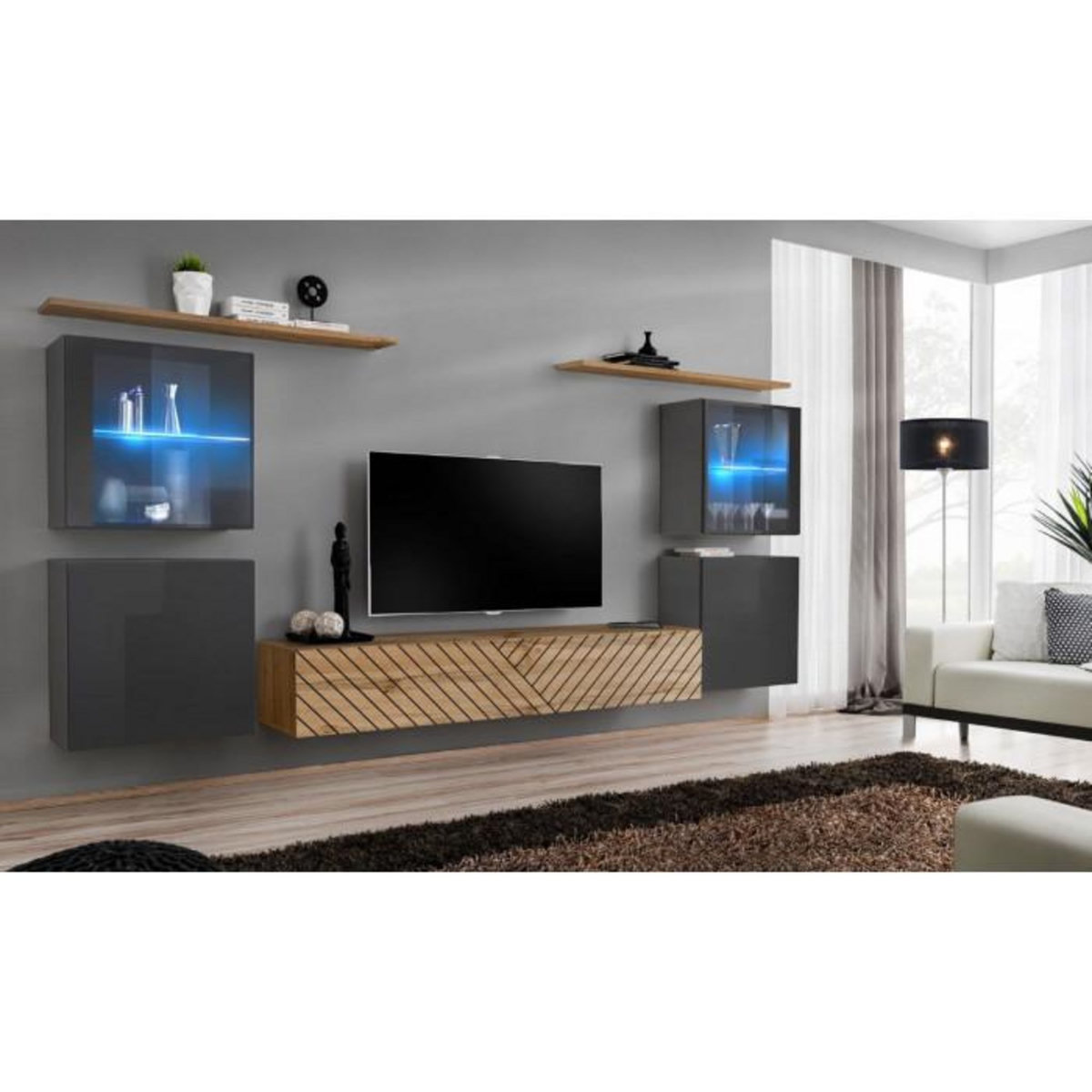 Paris Prix Ensemble Meuble TV  Switch Lamel XIV  320cm Naturel & Gris