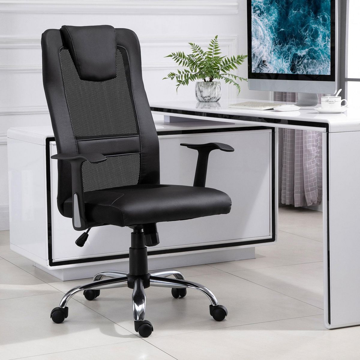 HOMCOM Fauteuil de bureau ergonomique hauteur assise réglable pivotant 360° revêtement synthétique et maille noir
