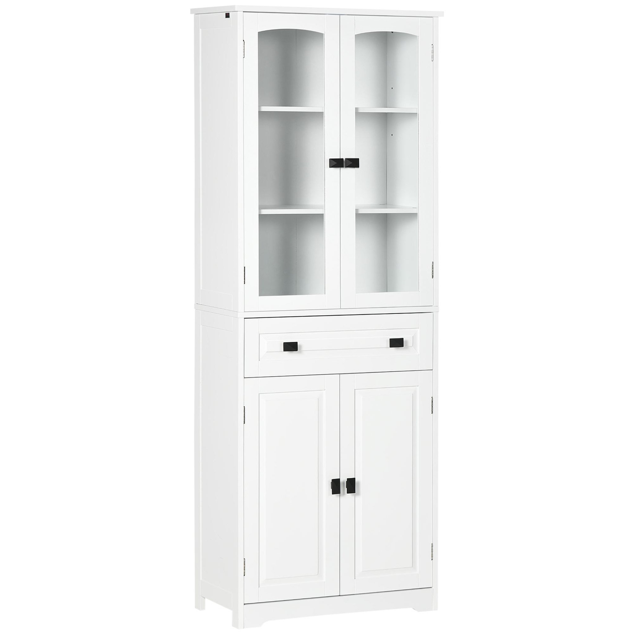 Voir la diapositive 1 : HOMCOM Armoire de cuisine buffet haut 4 portes 3 étagères tiroir verre trempé panneaux MDF blanc