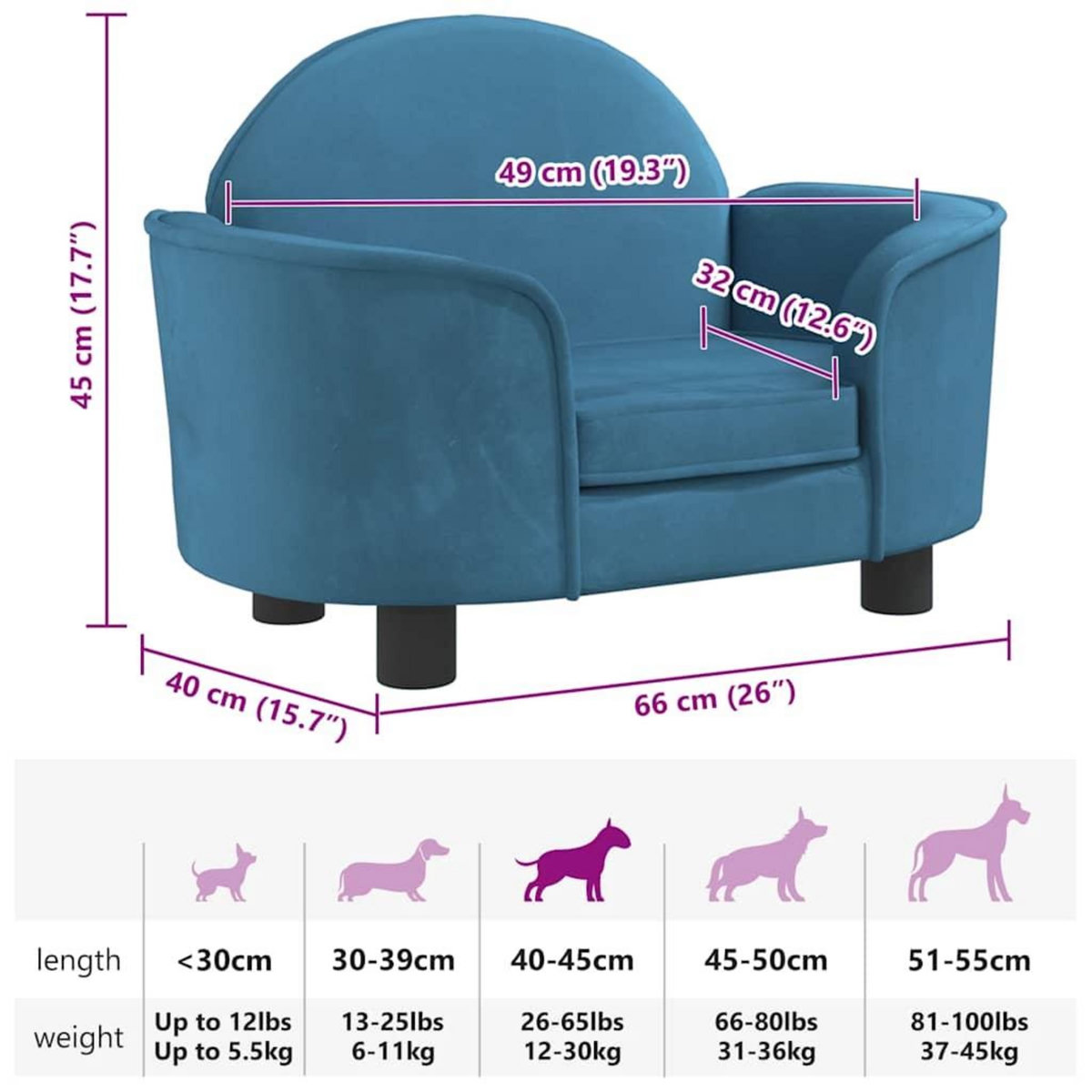 VIDAXL Lit pour chien bleu 66x40x45 cm velours