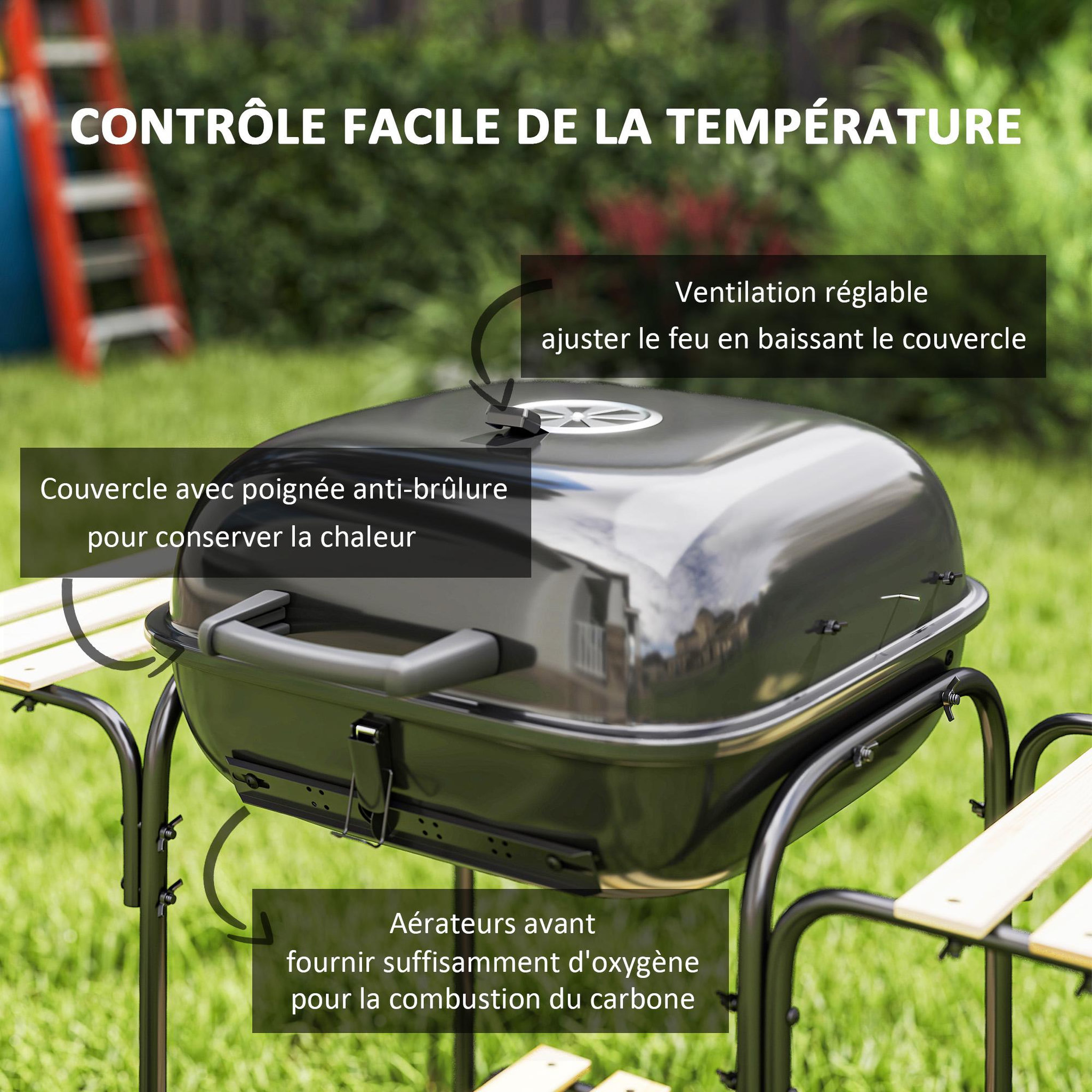 Voir la diapositive 3 : OUTSUNNY Barbecue charbon de bois avec couvercle 2 roues 3 étagères grilles acier chromée