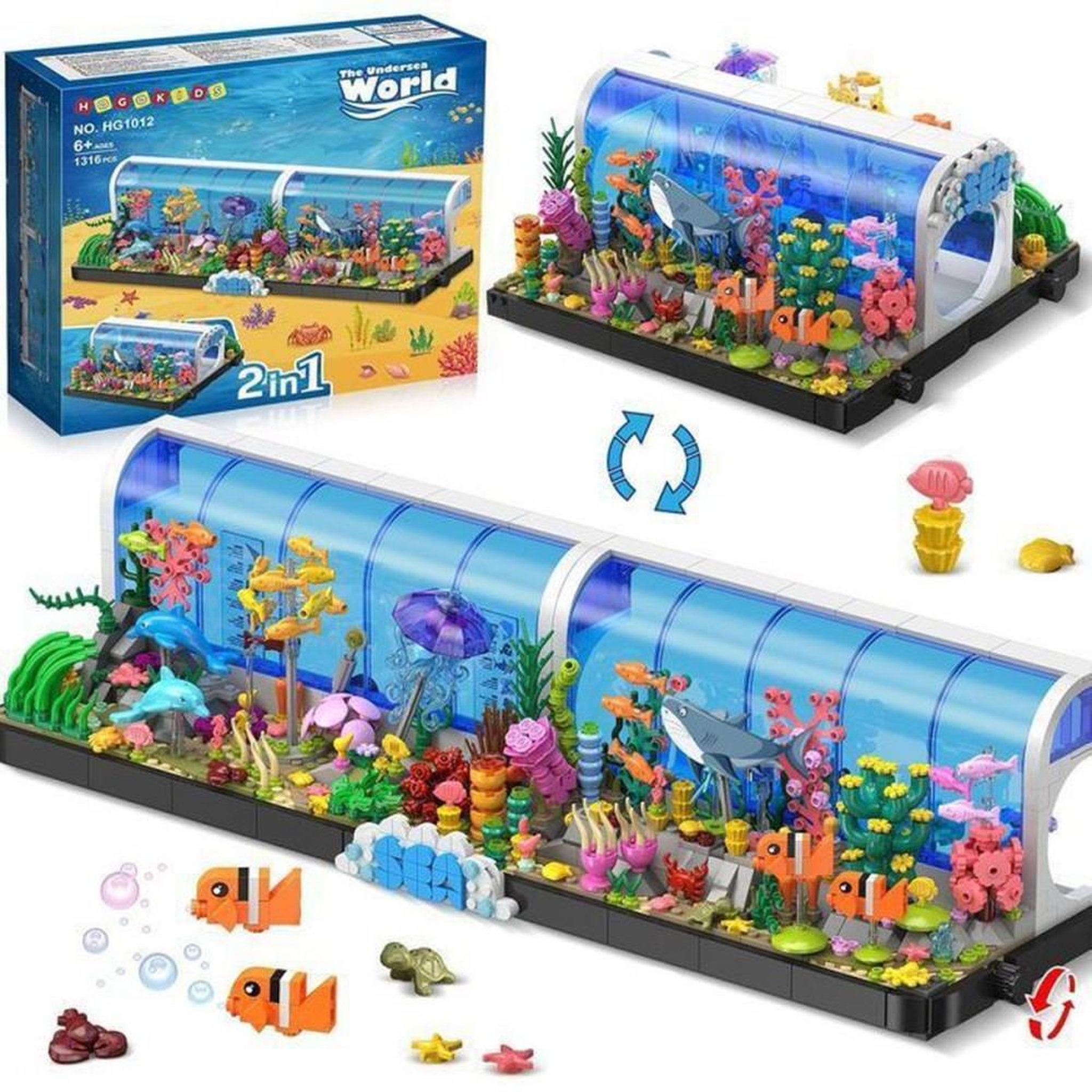Set de construction aquarium 2 en 1 avec océanarium pivotant et animaux marins, 1 316 pièces ABS
