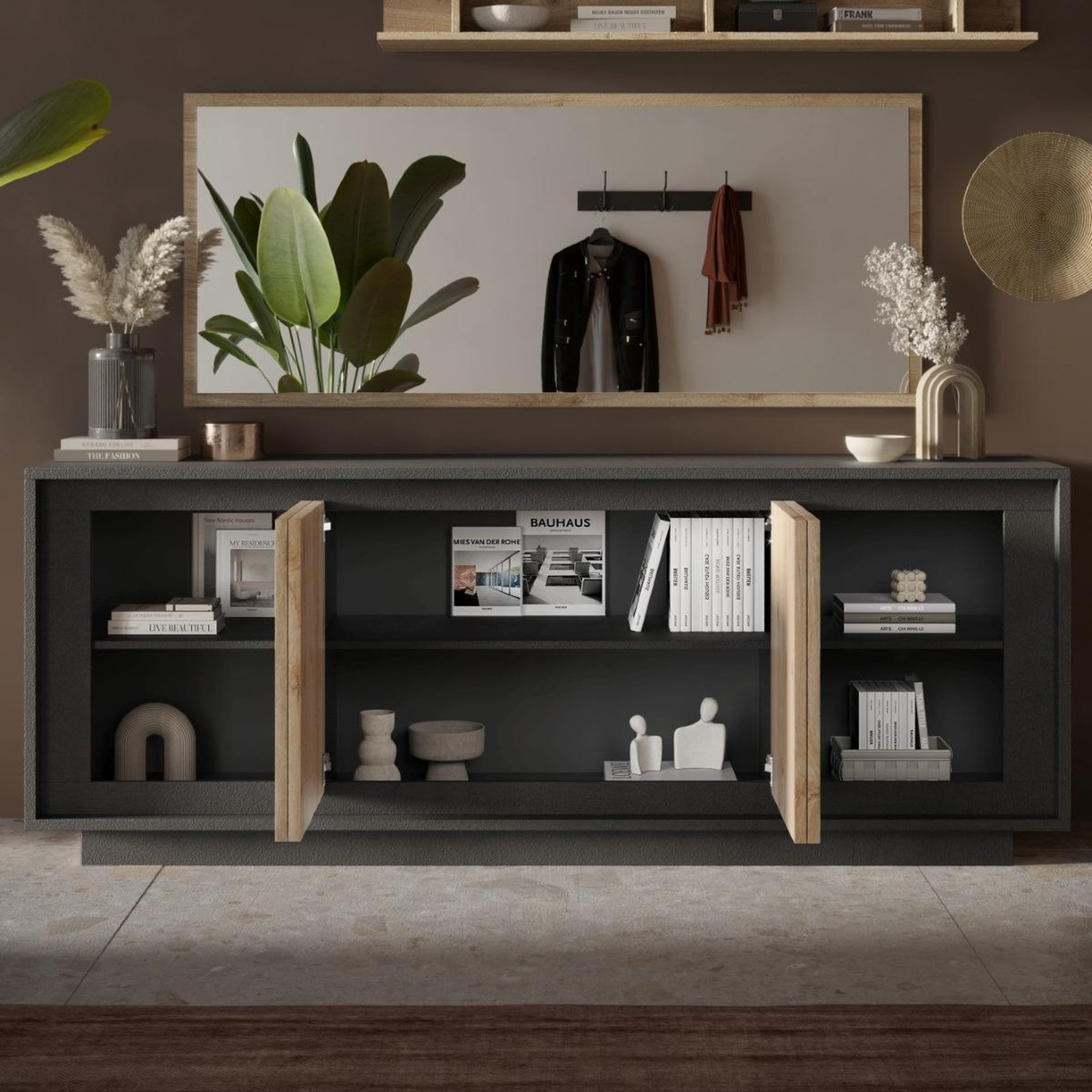 Voir la diapositive 5 : JLC KREATION Buffet bas contemporain 4 portes gris et bois naturel yori