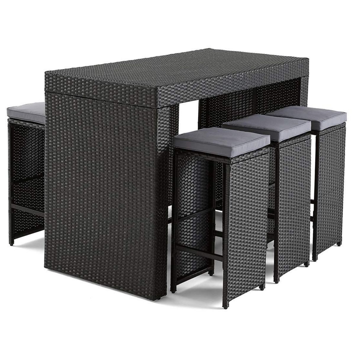 BEST MOBILIER Yoana – ensemble table haute et tabourets de jardin en résine noir - 6 places - coussins gris