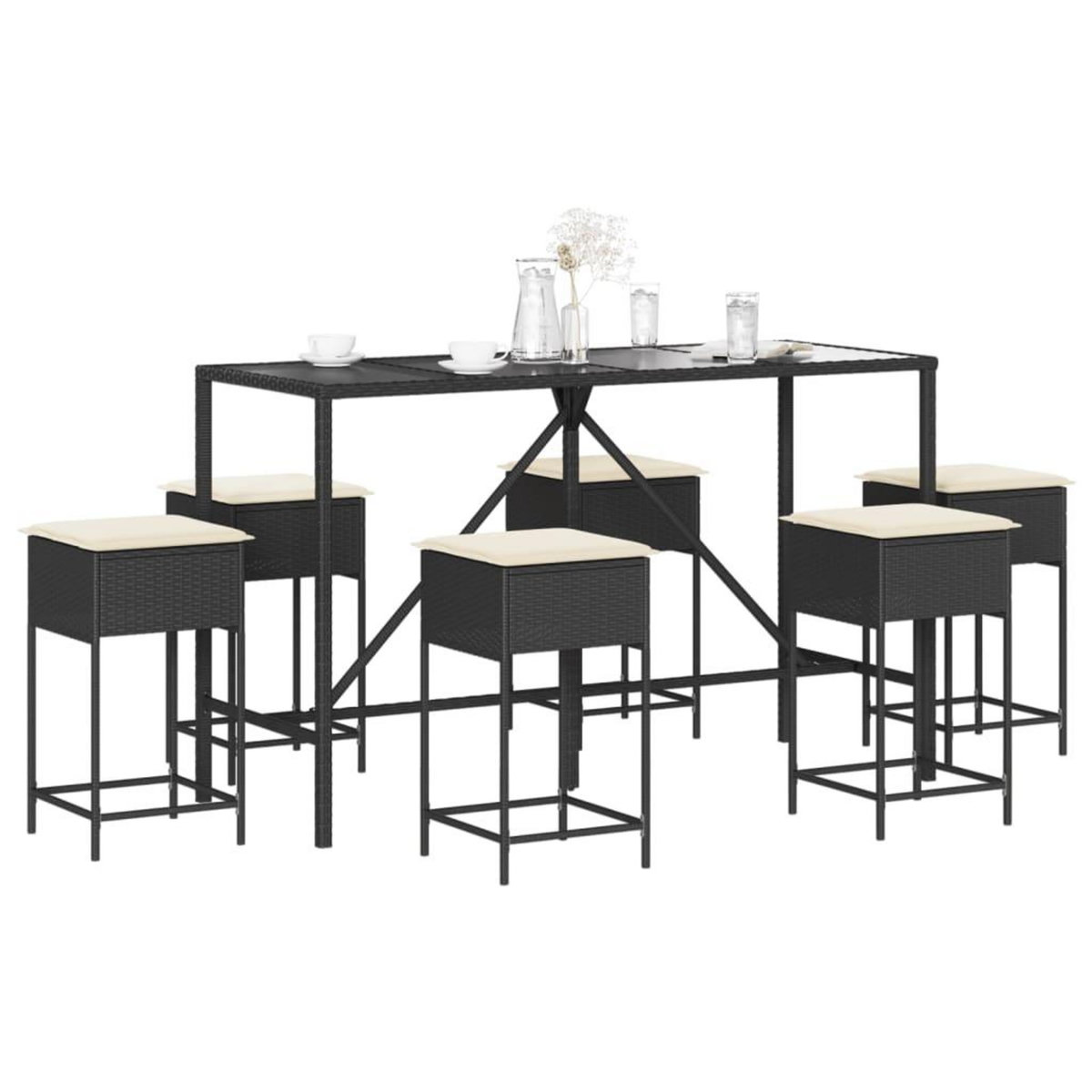 VIDAXL Ensemble de bar de jardin 7 pcs avec coussins noir poly rotin