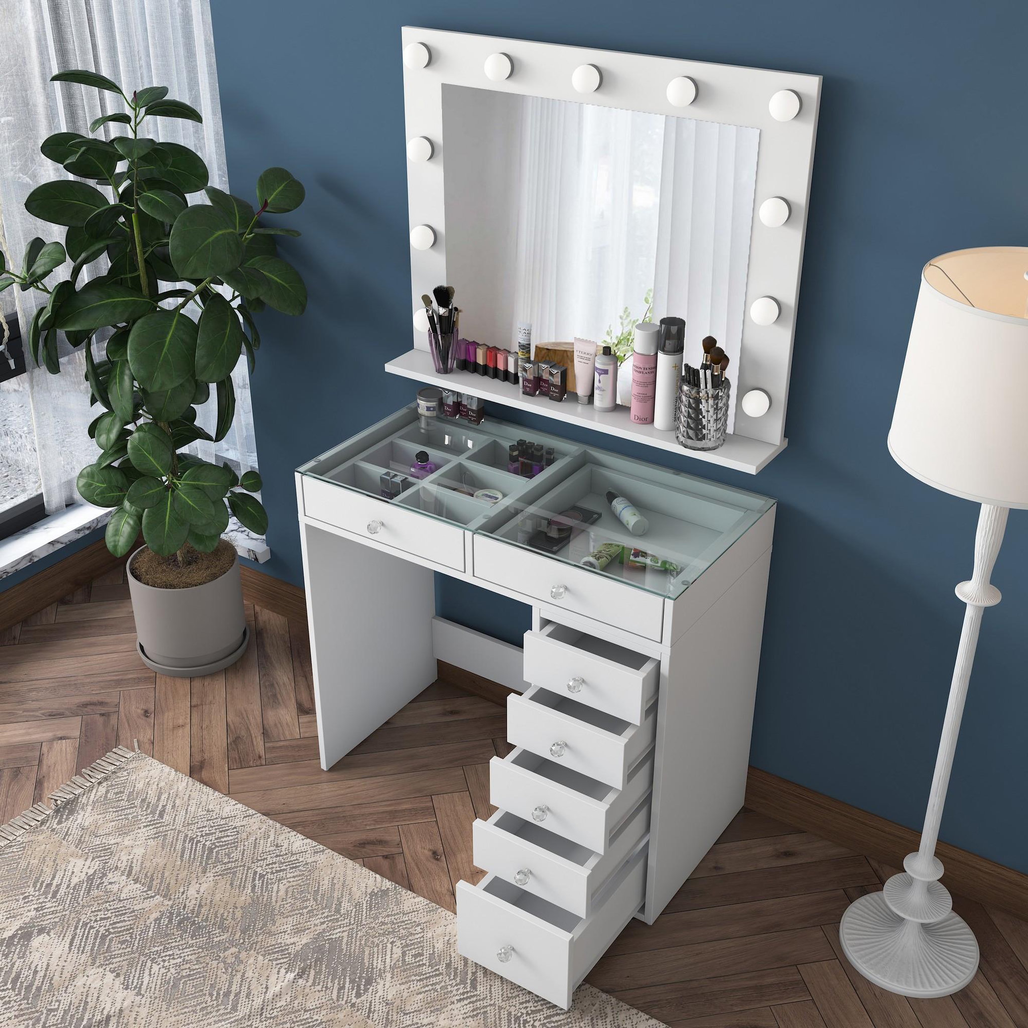 Voir la diapositive 2 : Habitat et Jardin Coiffeuse avec miroir en bois  kona  - 90 x 44 x 80 cm - blanc