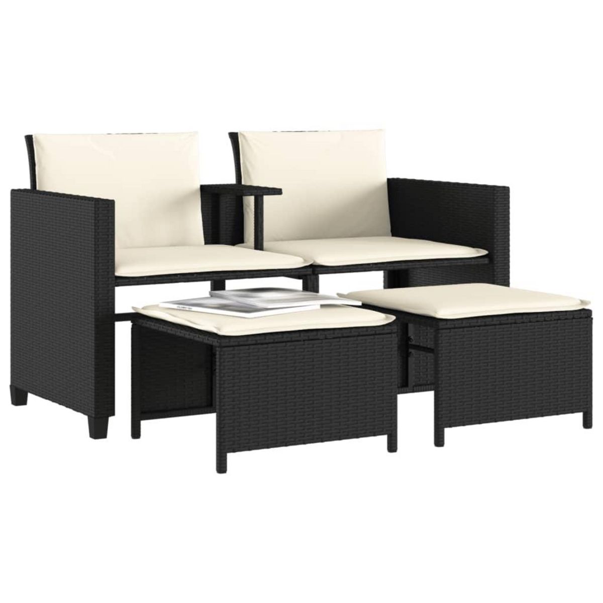 VIDAXL Canape de jardin 2 places avec table et tabourets noir rotin