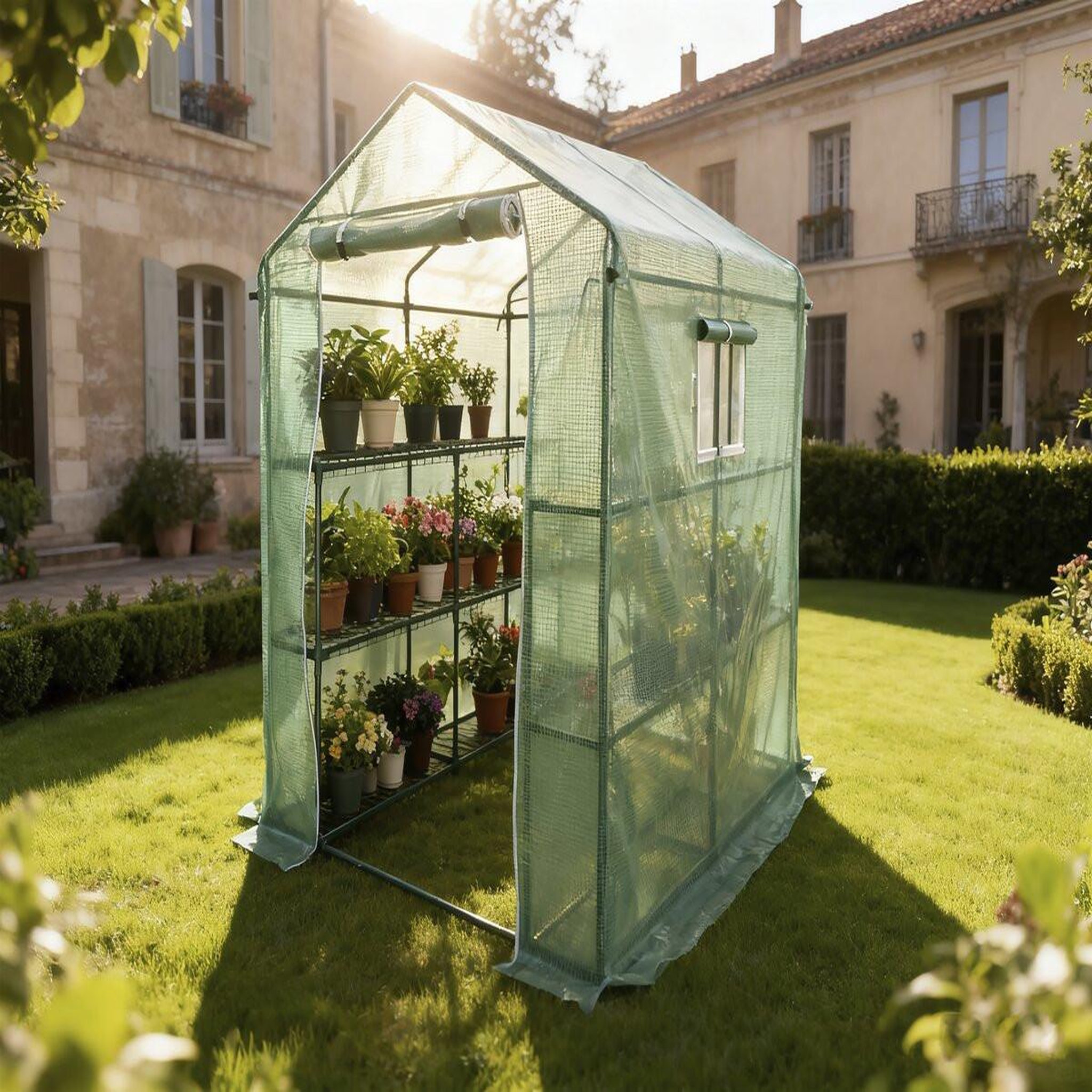 Voir la diapositive 2 : Habitat et Jardin Serre tomates de jardin avec étagères  lys  - 2.04 m² - 130g - vert