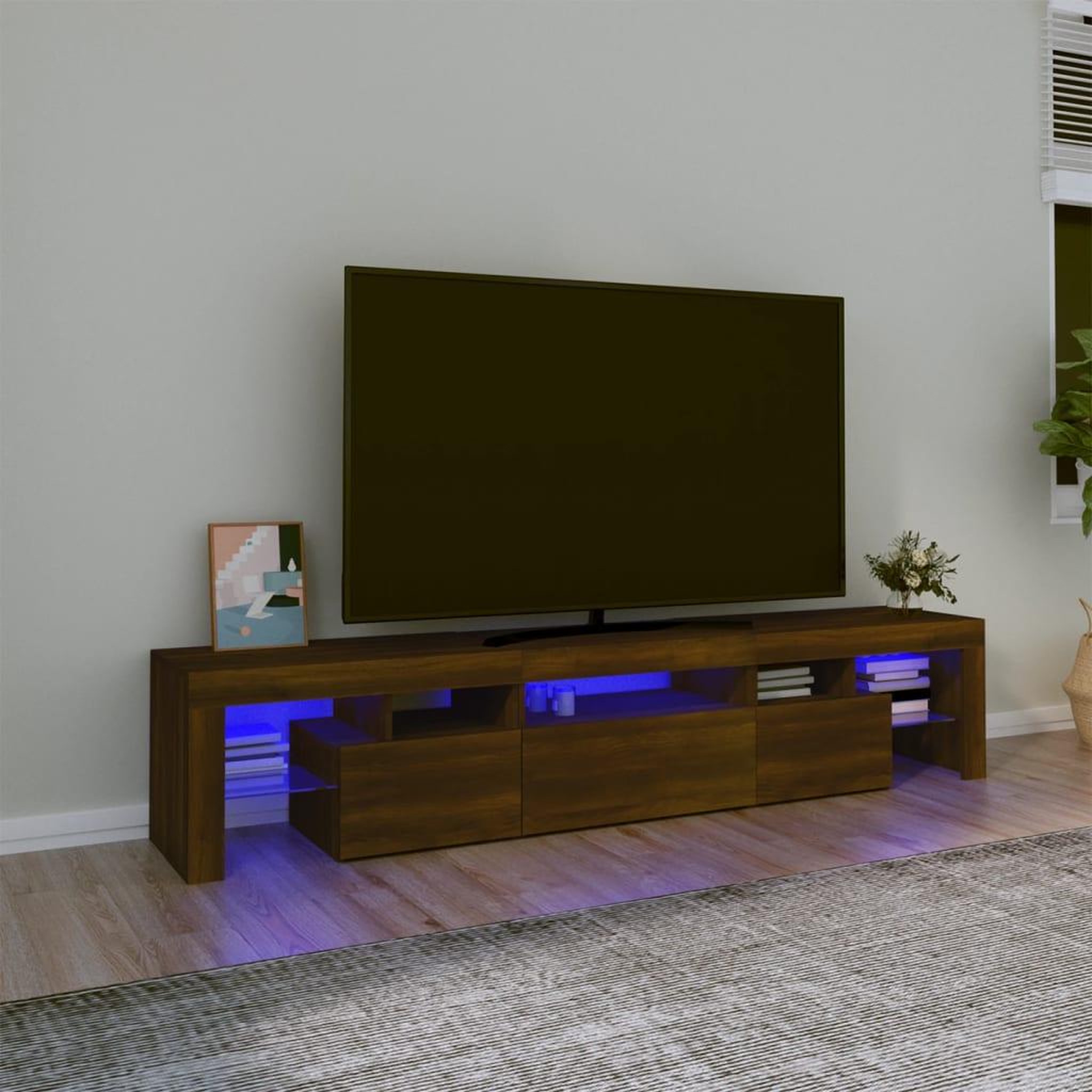 Voir la diapositive 1 : VIDAXL Meuble TV avec lumieres LED Chene marron 200x36,5x40 cm