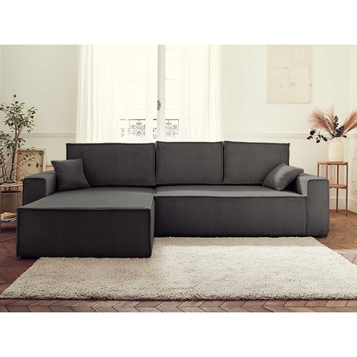 BEST MOBILIER Dellia - canapé d'angle réversible convertible - avec coffre - en velours côtelé - 4 places