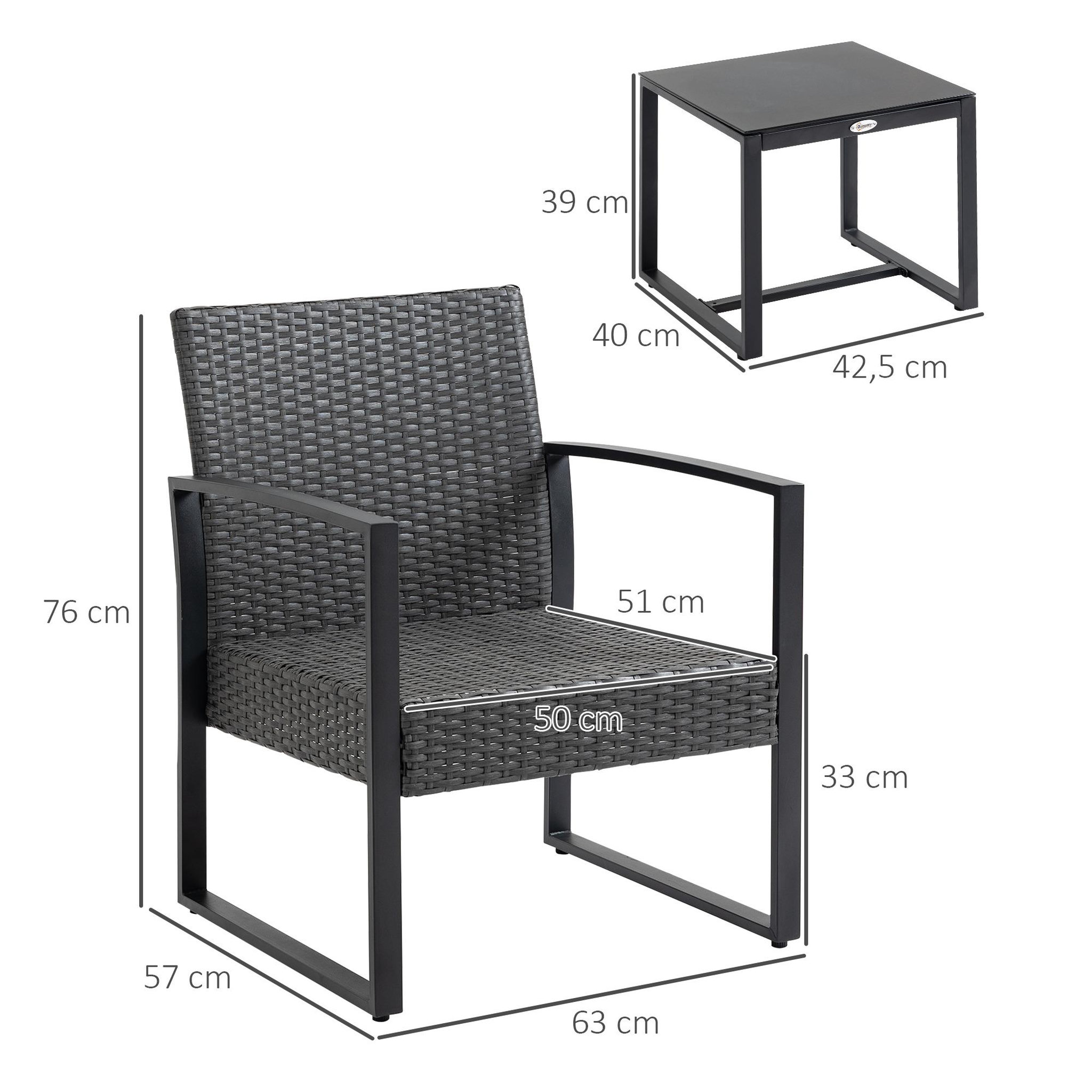 Voir la diapositive 3 : OUTSUNNY Salon de jardin 2 places 3 pièces 2 chaises avec coussins + table basse plateau verre trempé résine tressée aspect rotin noir