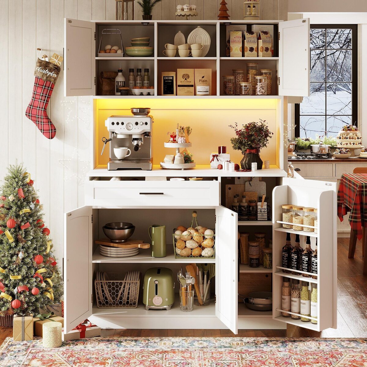 MERAX Buffet de cuisine 5 portes 1 tiroir - 110 cm blanc led mdf