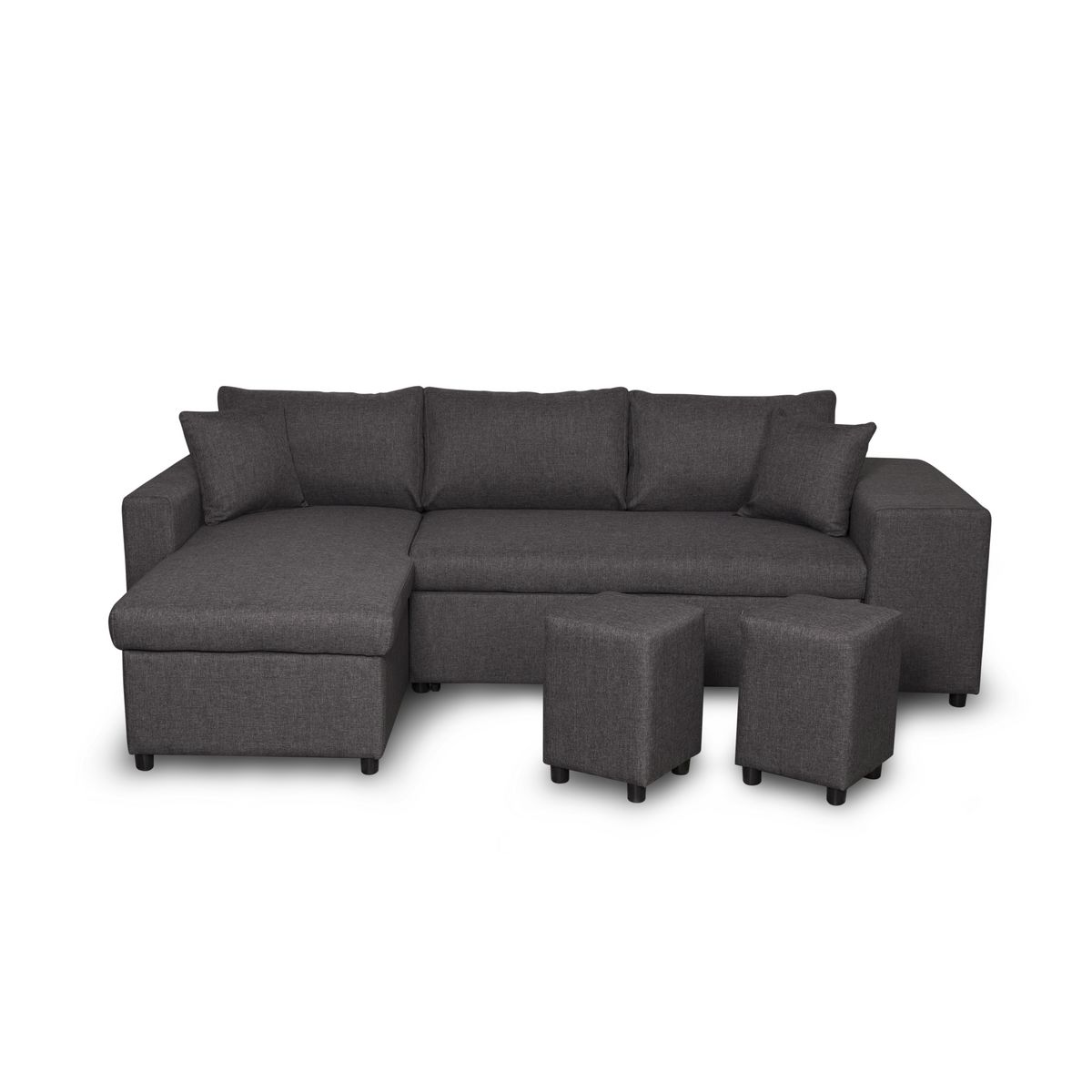  Canapé 3 places d'angle Gauche convertible avec coffre Tissu gris foncé+ 2 poufs inclus ANETTA
