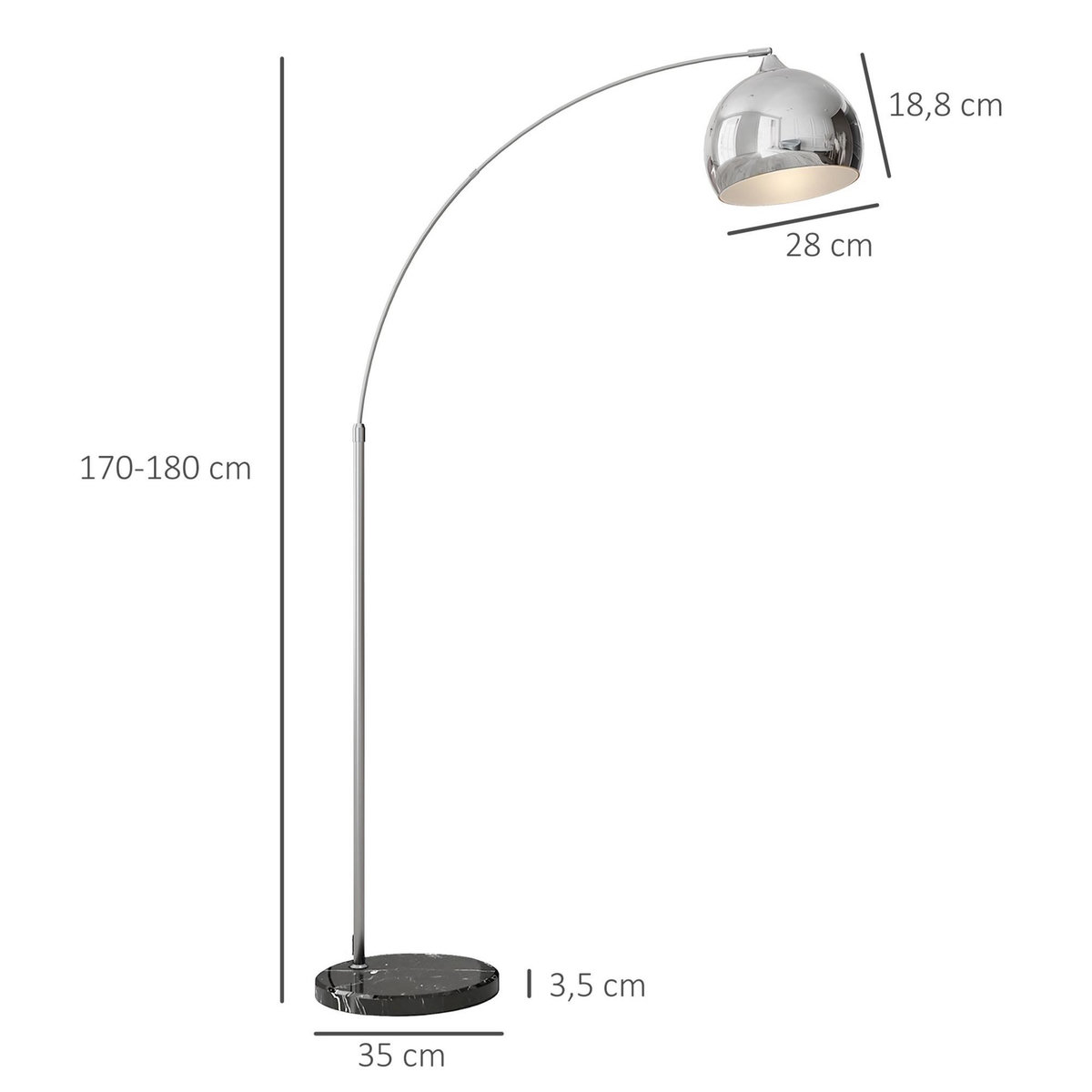 HOMCOM Lampadaire arc - lampadaire arceau courbé design - pied marbre noir mât abat-jour globe métal chromé