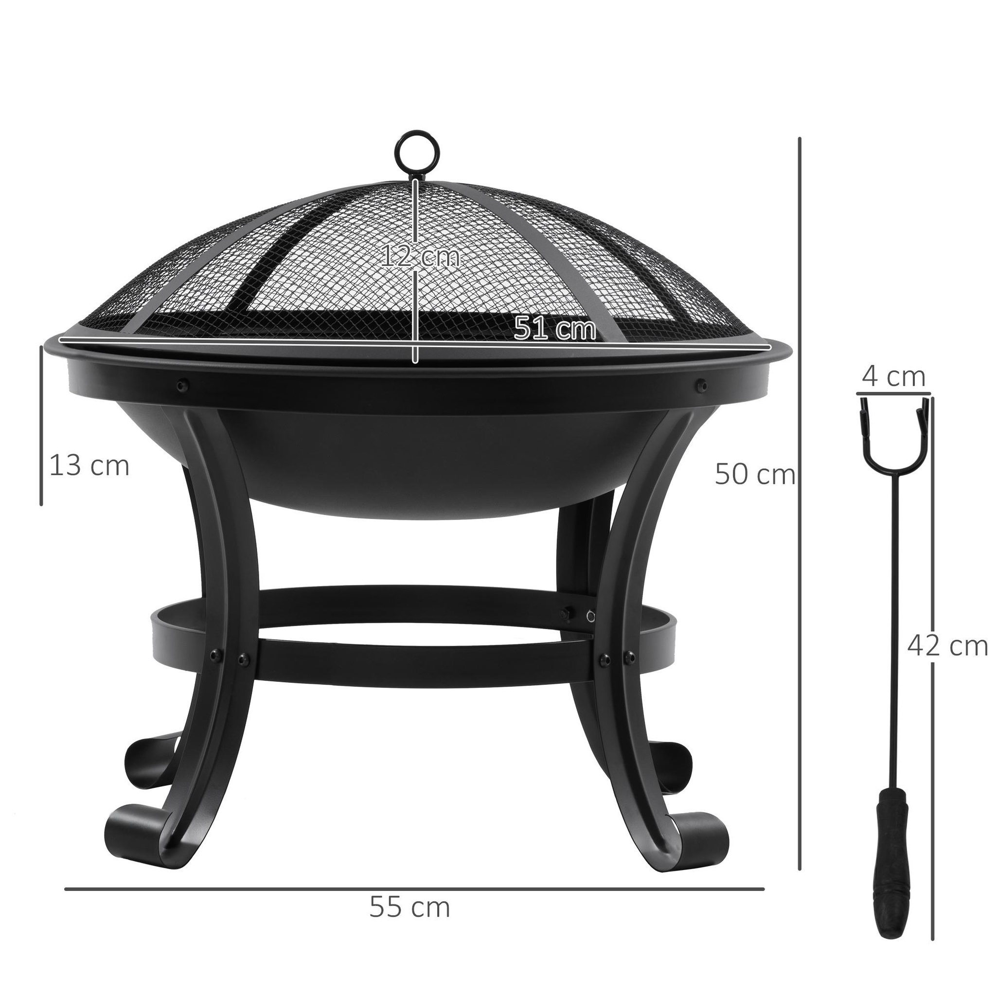 Voir la diapositive 3 : OUTSUNNY Brasero boule de feu cheminée foyer extérieur Ø 55 x 50H cm grille à charbon couvercle tisonnier acier noir