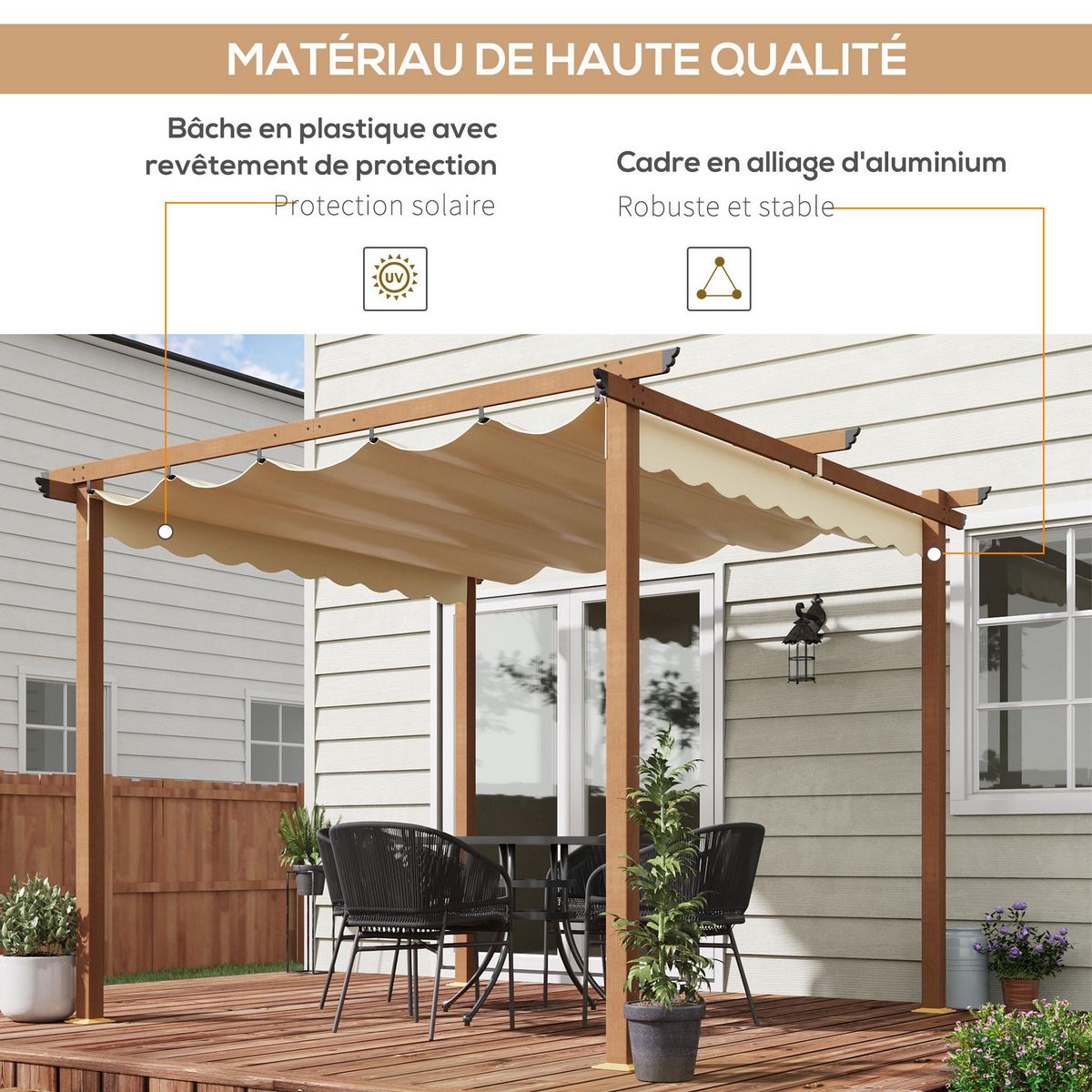 OUTSUNNY Pergola rétractable 3L x 3l x 2,25H m structure alu. aspect bois toile polyester haute densité beige