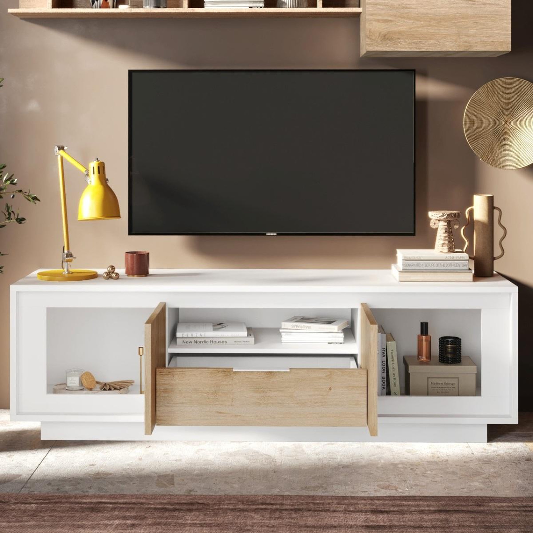 Voir la diapositive 4 : JLC KREATION Meuble tv contemporain 180cm blanc et bois clair yori