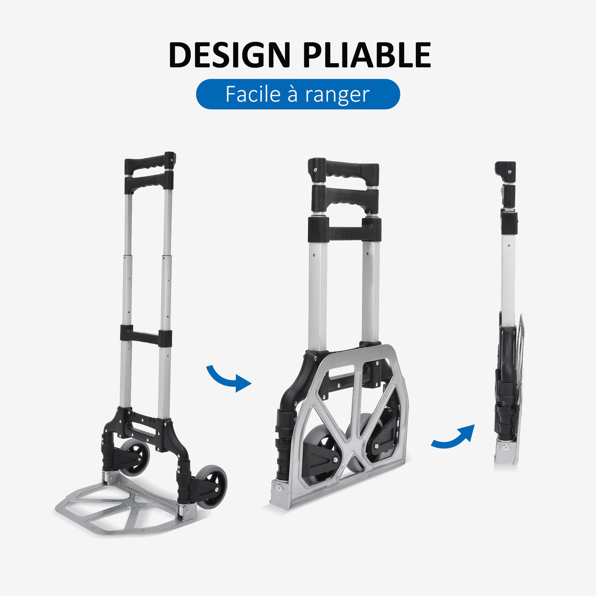 Voir la diapositive 4 : HOMCOM Chariot diable pliable leger telescopique charge 70kg en aluminium argent-noir
