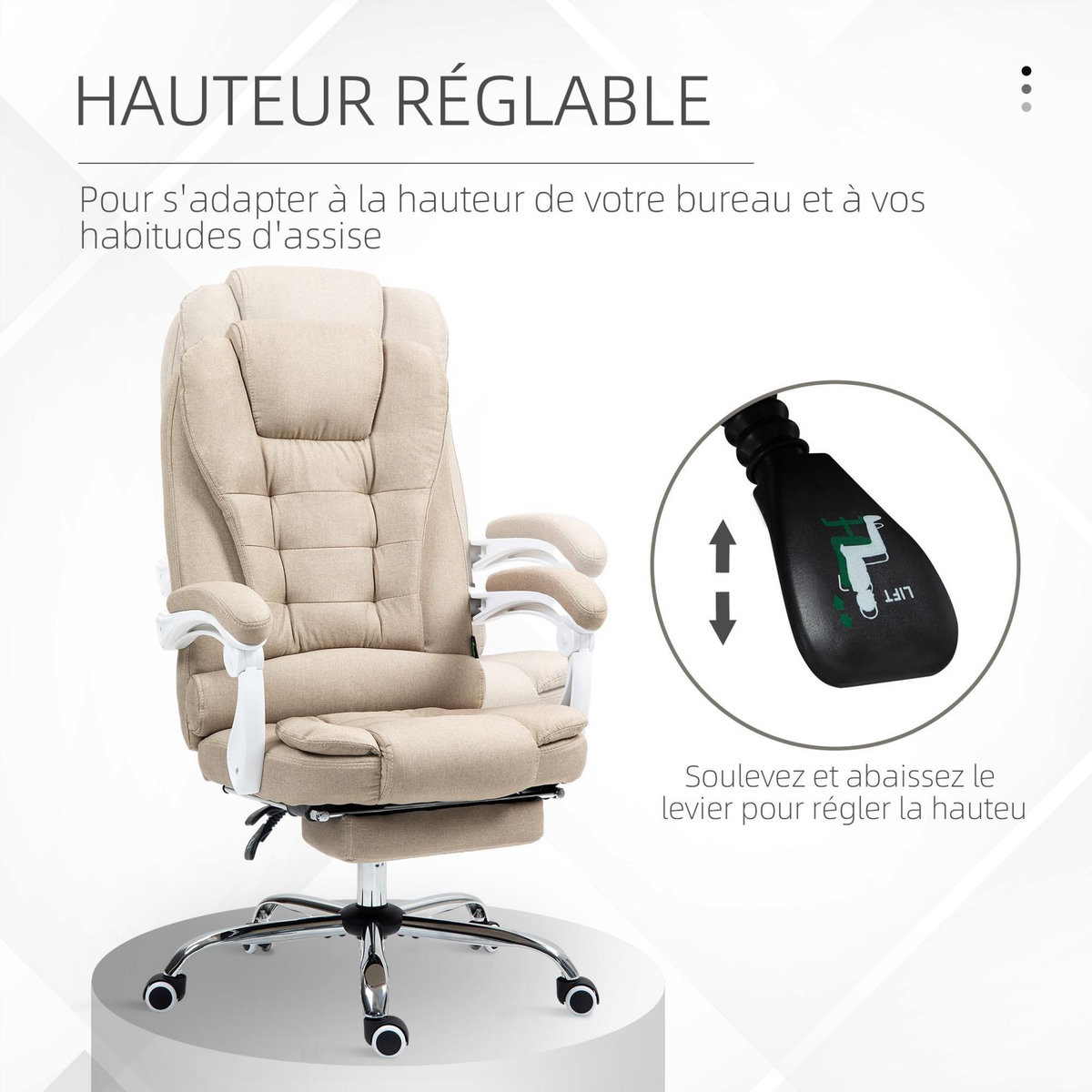 HOMCOM Fauteuil de bureau manager grand confort repose-pied dossier inclinable accoudoirs rembourrés lin beige