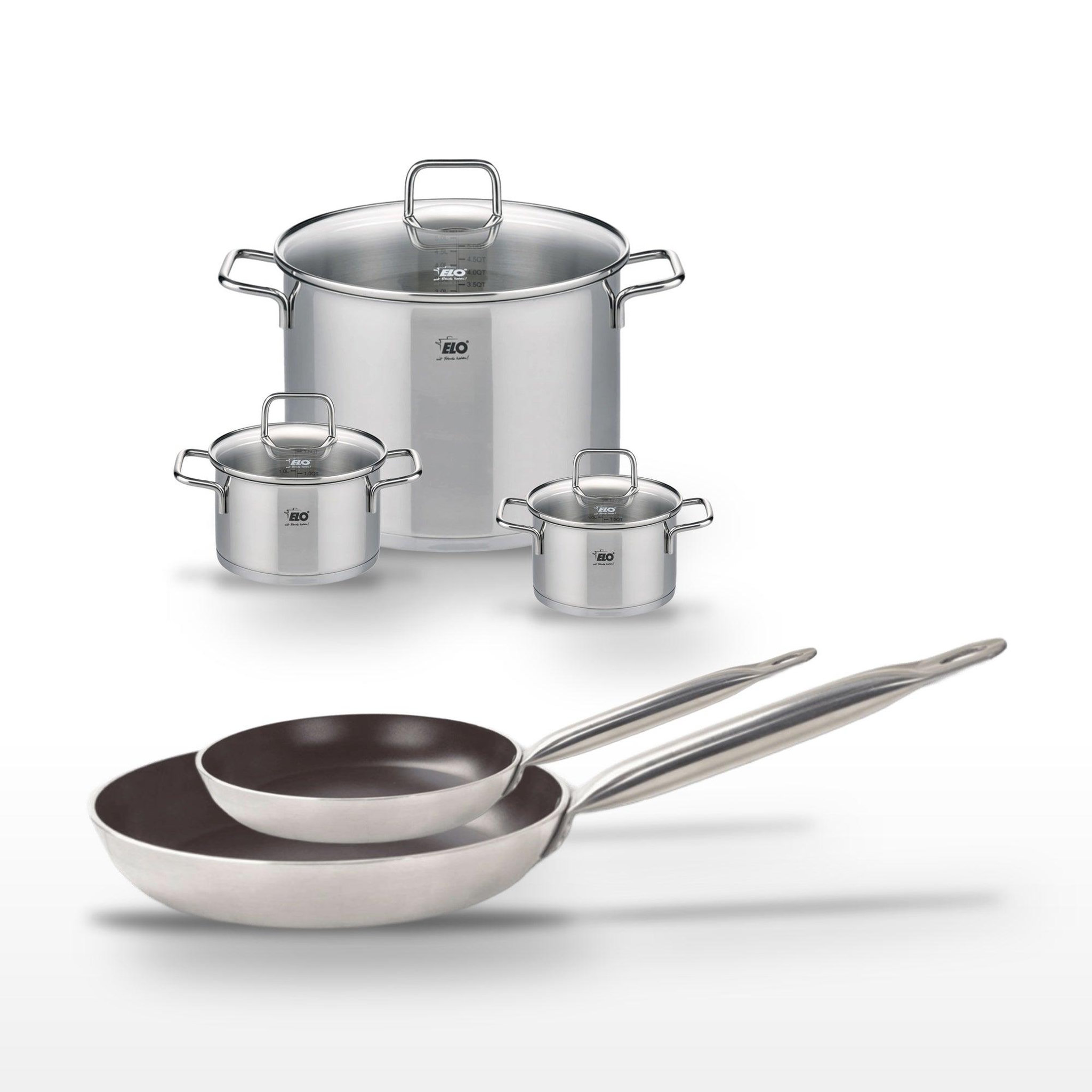 ELO Lot de 2 poêles 24/32cm avec revêtement céramique sans pfas & 3 faitouts 14/16/26cm elo bistro line citrin