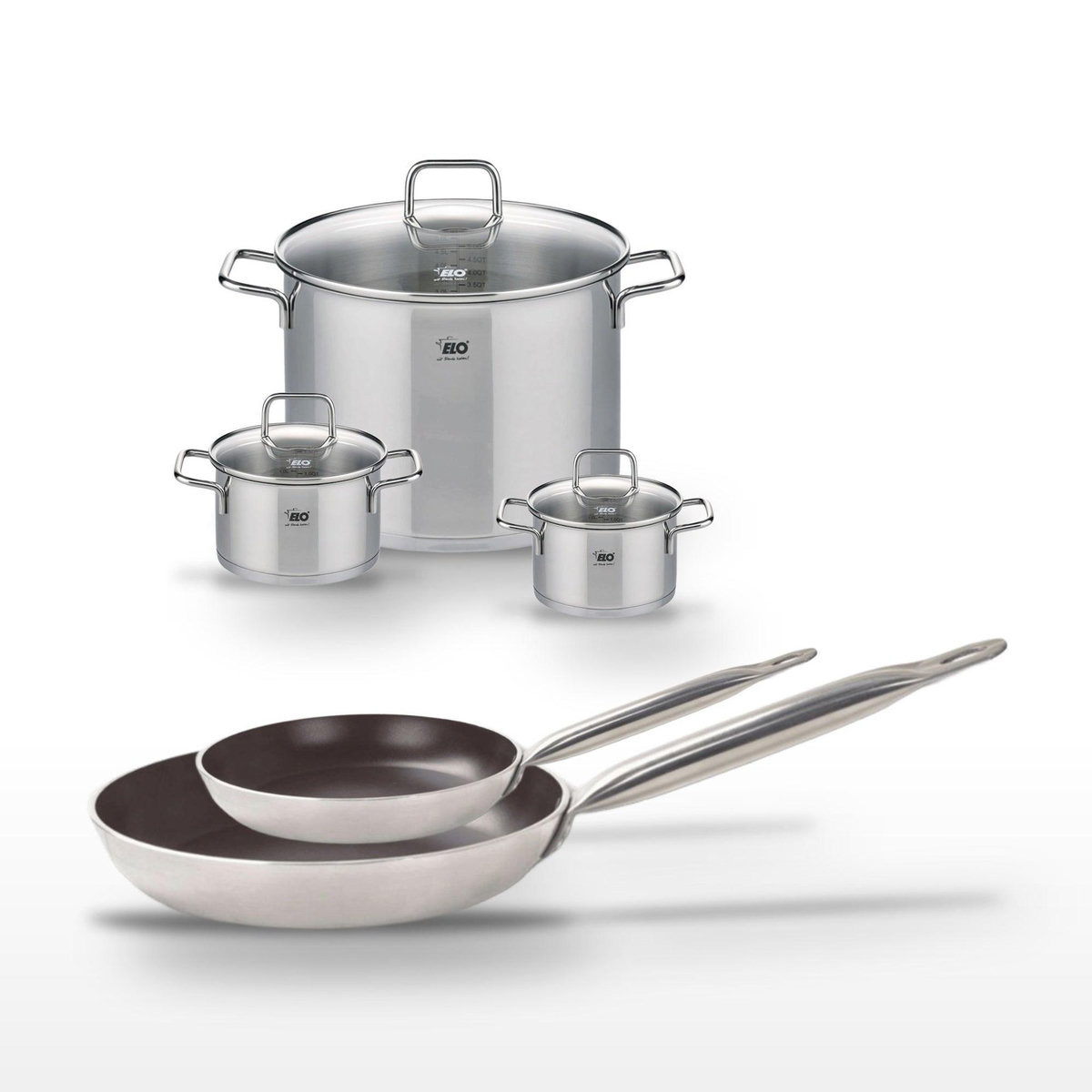 ELO Lot de 2 Poêles 24/32cm avec revêtement céramique sans PFAS & 3 Faitouts 14/16/26cm Elo Bistro Line Citrin