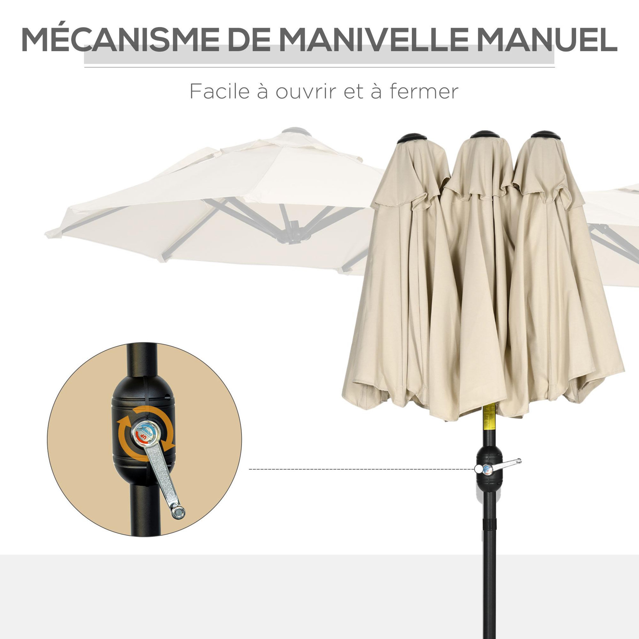 Voir la diapositive 6 : OUTSUNNY Parasol de jardin inclinable grande taille ouverture fermeture manivelle acier polyester haute densité beige