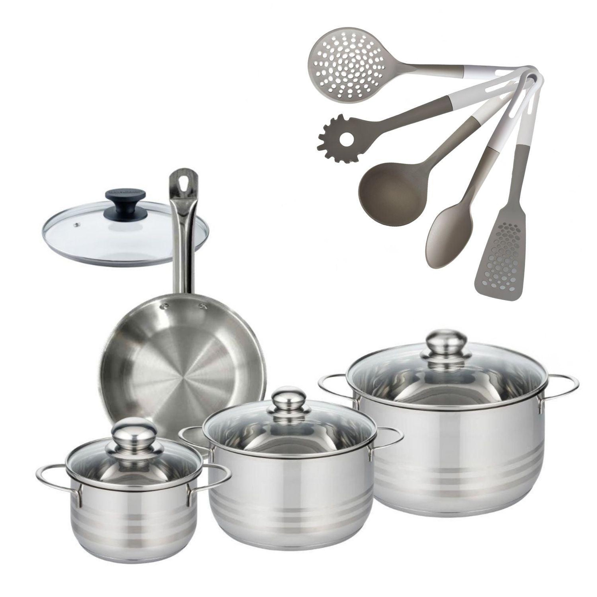 Fackelmann Batterie de cuisine avec 3 faitouts 16/20/24 cm et 1 poêle 20 cm avec 6 ustensiles de cuisine fackelmann etherna brillant vario avec couvercles