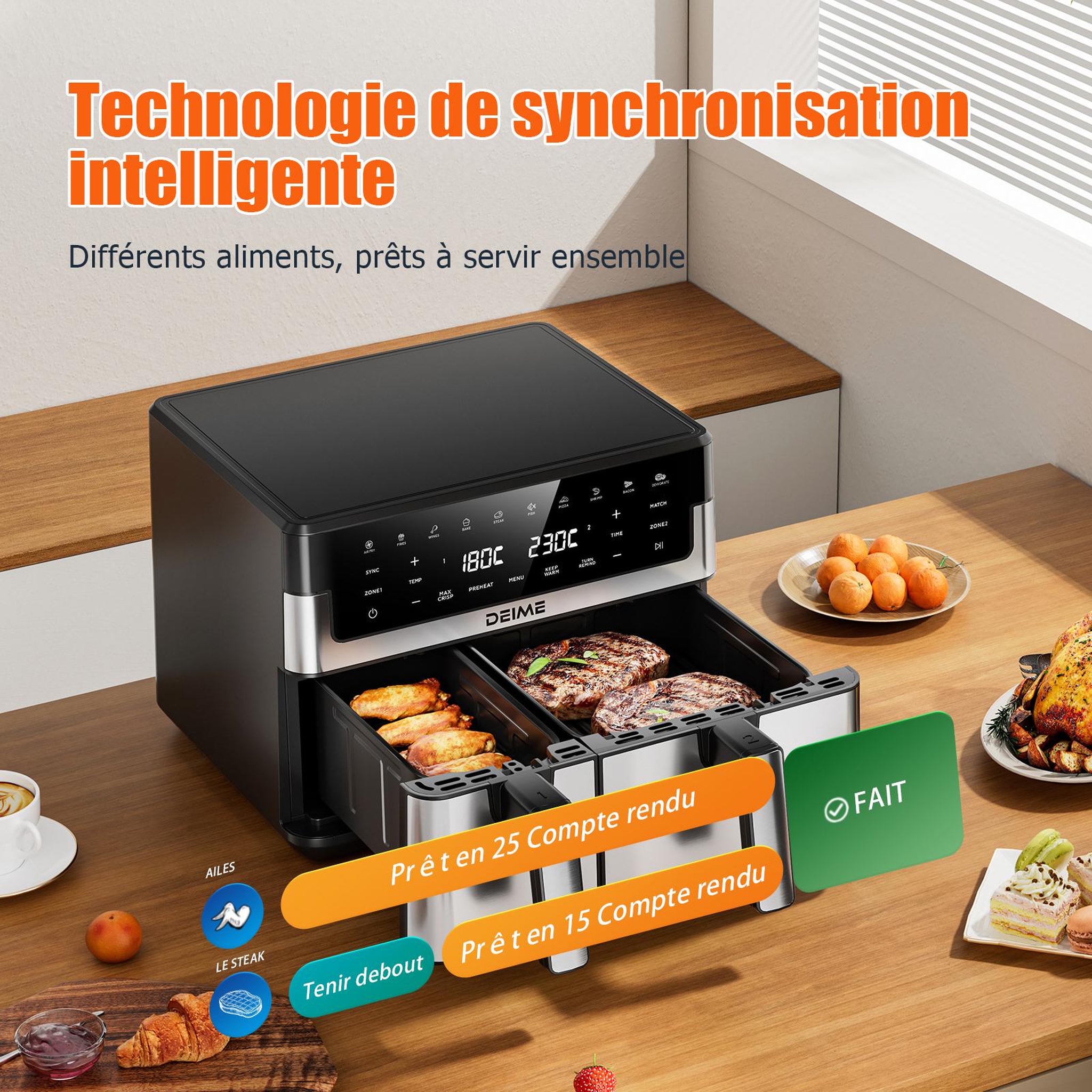 Voir la diapositive 3 : DEIME DEIME - Airfryer  10 l 2800 w 10 programmes avec fenêtre de cuisson – inox