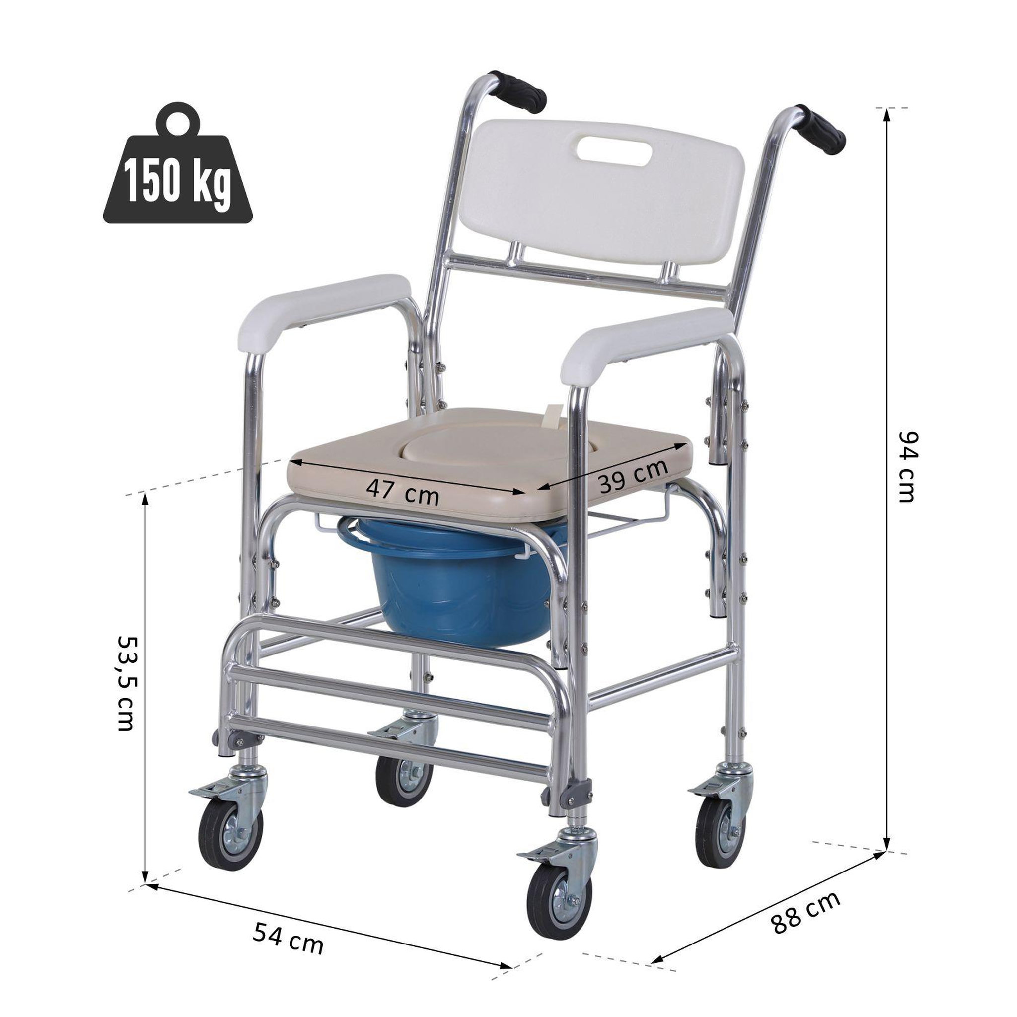 Voir la diapositive 3 : HOMCOM HOMCOM Chaise percée à roulettes - fauteuil roulant percé - chaise de douche - seau amovible, accoudoirs, repose-pied - acier chromé HDPE blanc