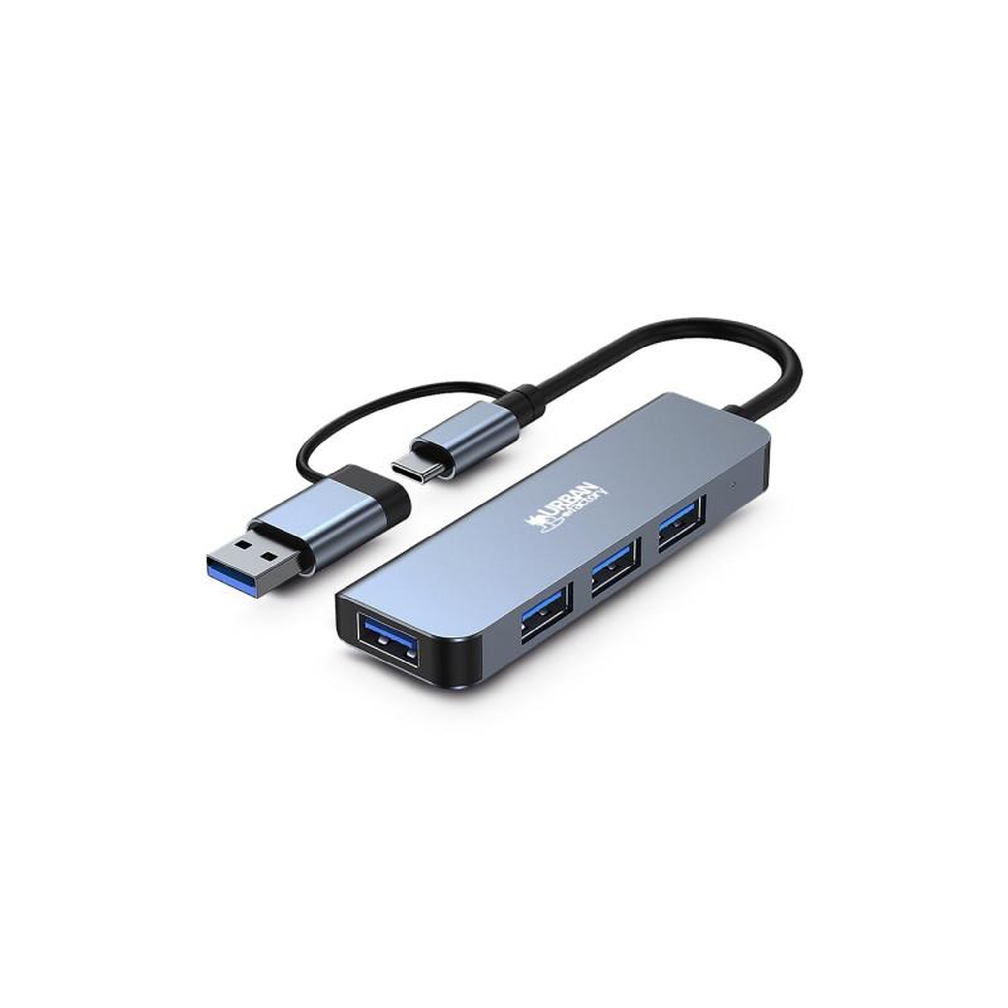 URBAN FACTORY Hub USB Urban Factory HUB USB 4 PORTS USB 3.0 + ADAPTATEUR USB A FEMELLE USB C MALE GRIS SIDERAL