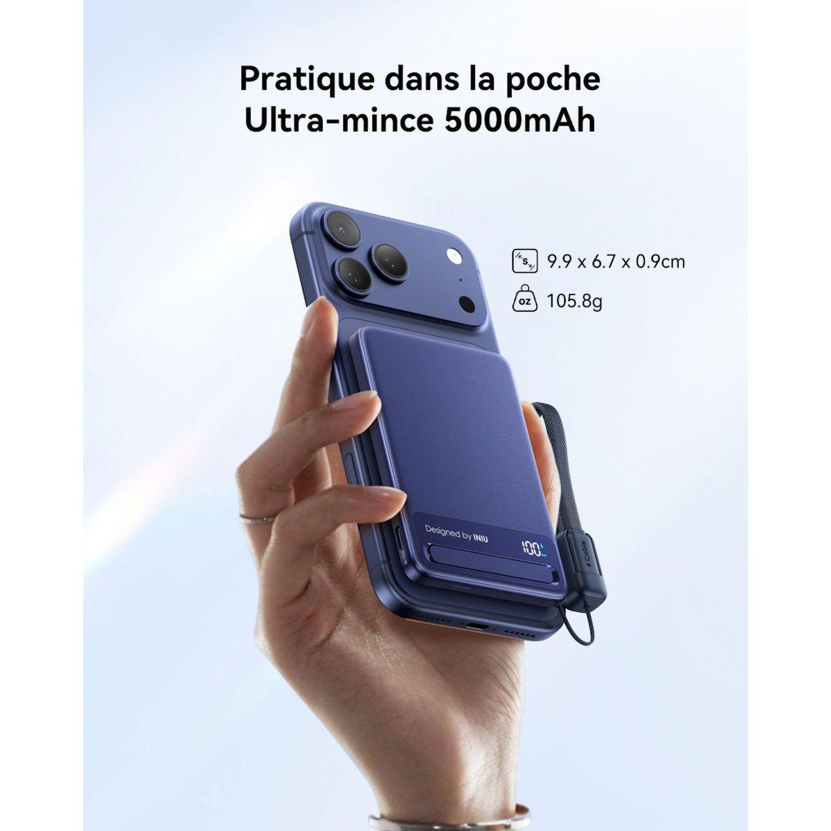 INIU Batterie nomade 5000 mAh magnet Qi2 MagPro slim bleu