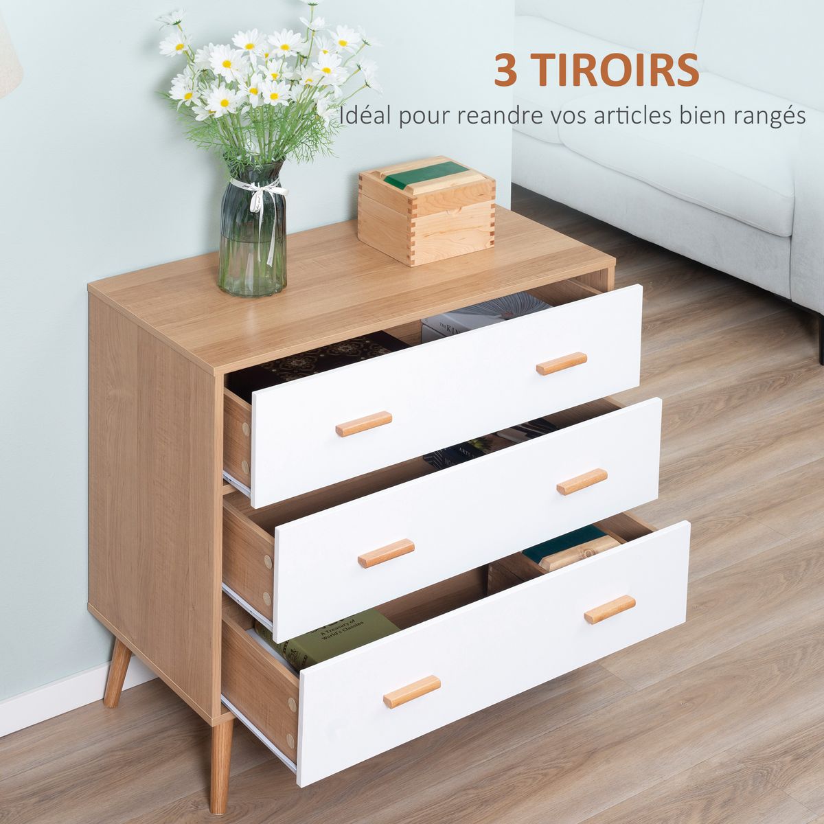 HOMCOM Commode design scandinave sur pieds 3 tiroirs coulissants pieds effilés inclinés panneaux particules blanc aspect bois clair
