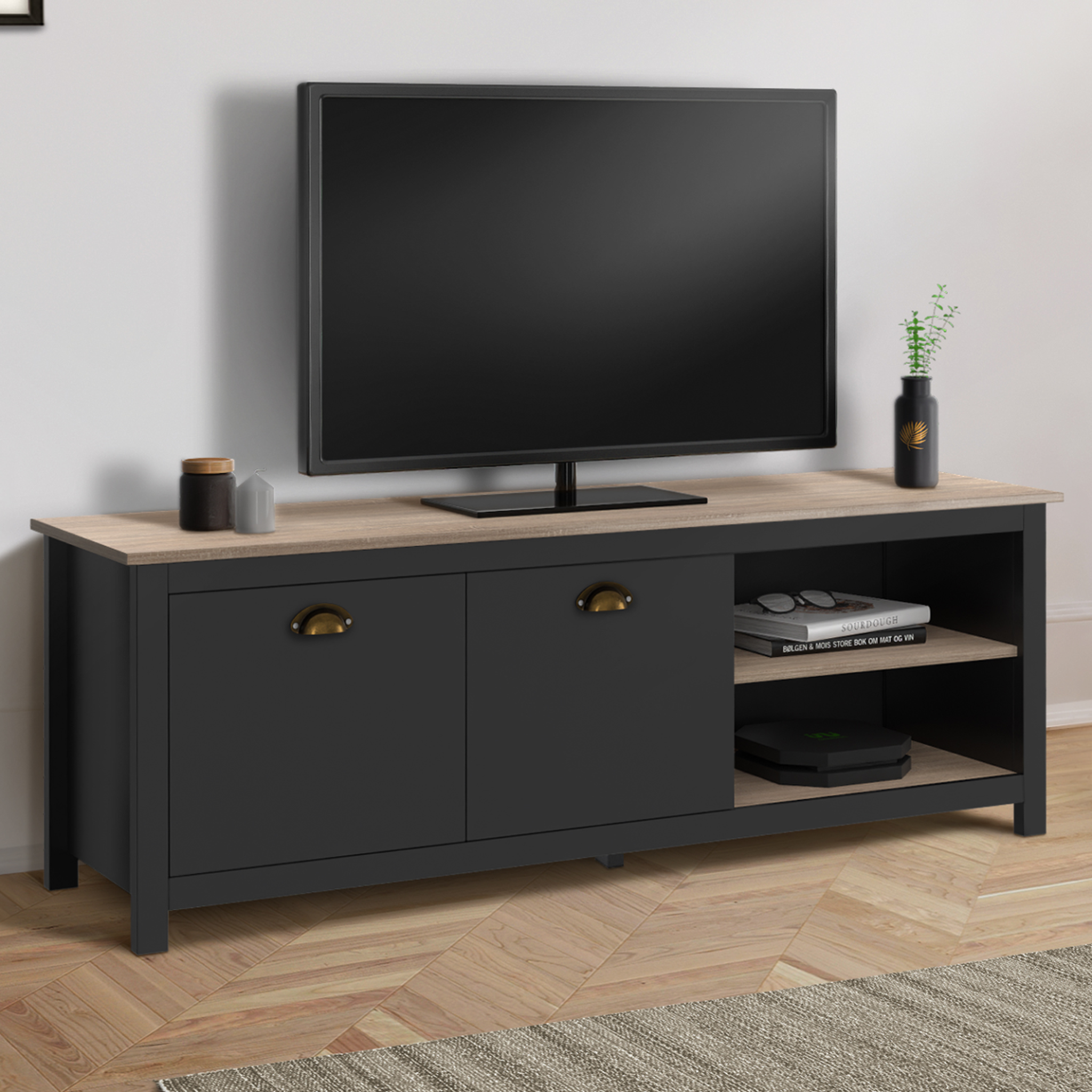Voir la diapositive 2 : ID MARKET Meuble tv 140 cm campagne isis bois et noir