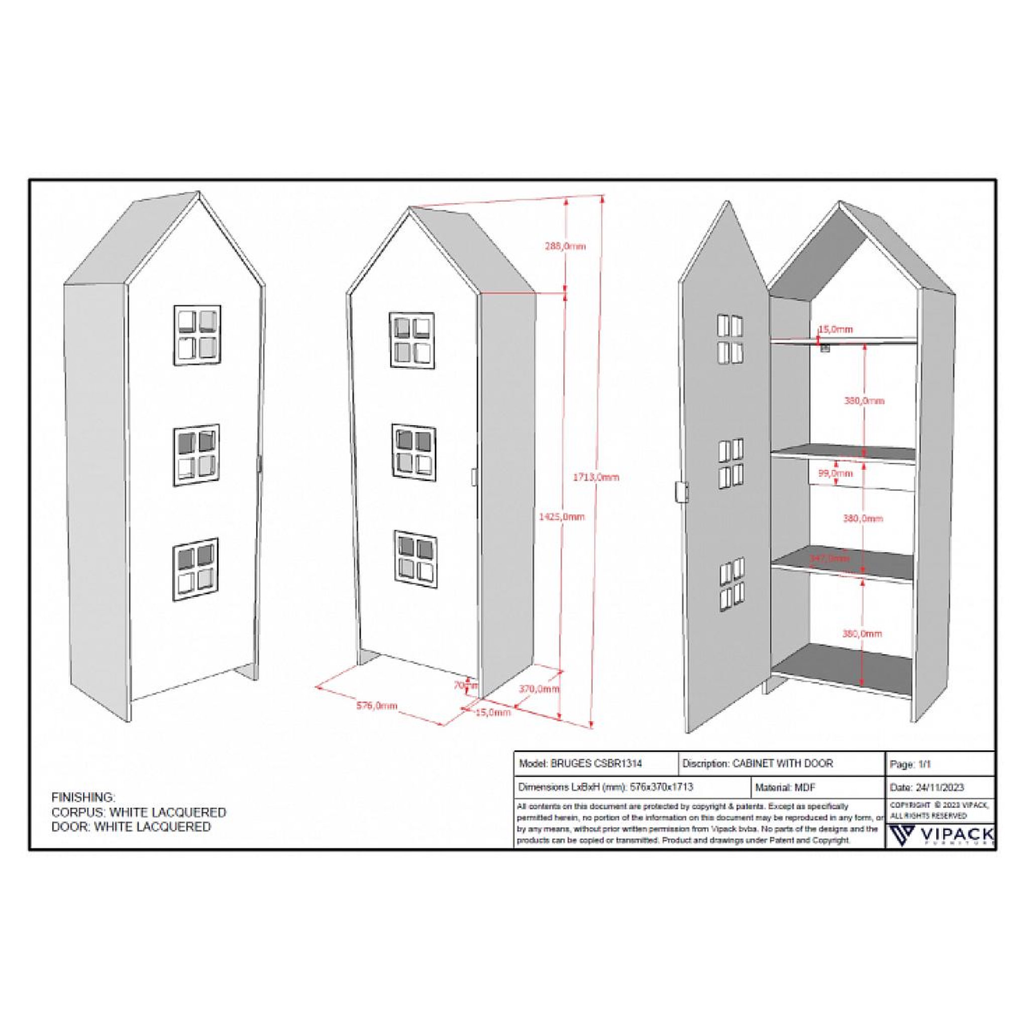 Voir la diapositive 2 : Vipack Armoire 1 porte Casami Bruges Satin Blanc