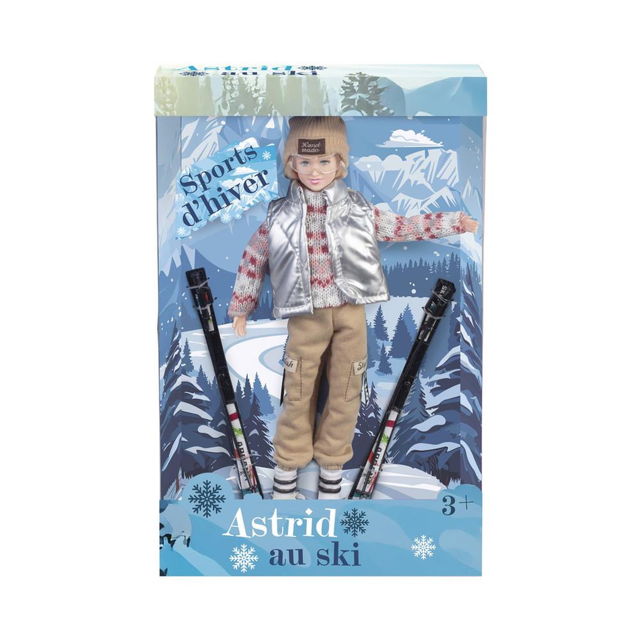 Poupée mannequin de ski alpin astrid avec skis noirs et tenue d'hiver 3+