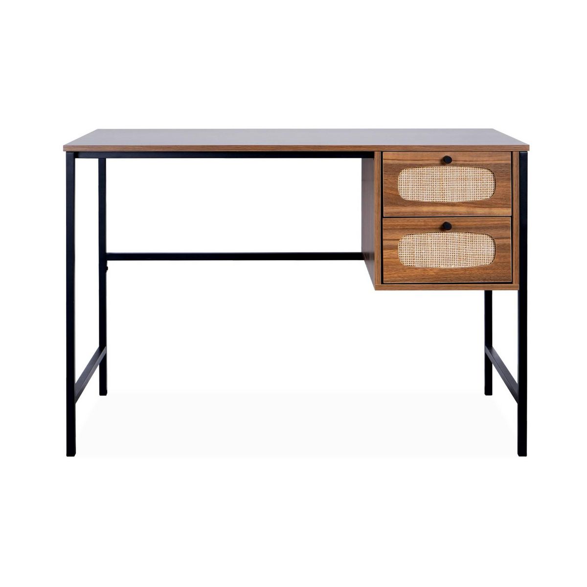SWEEEK Bureau rétro décor bois et cannage avec piètement et poignées en métal noir