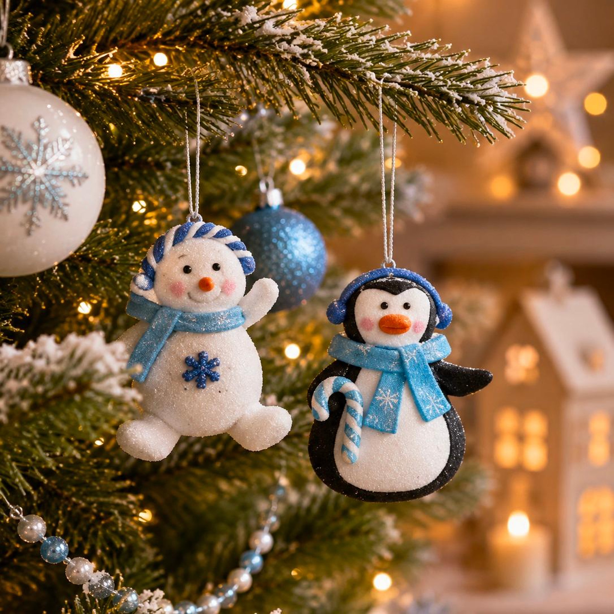 Voir la diapositive 2 : Eden Set de 2 suspensions de noël – pingouin et bonhomme de neige