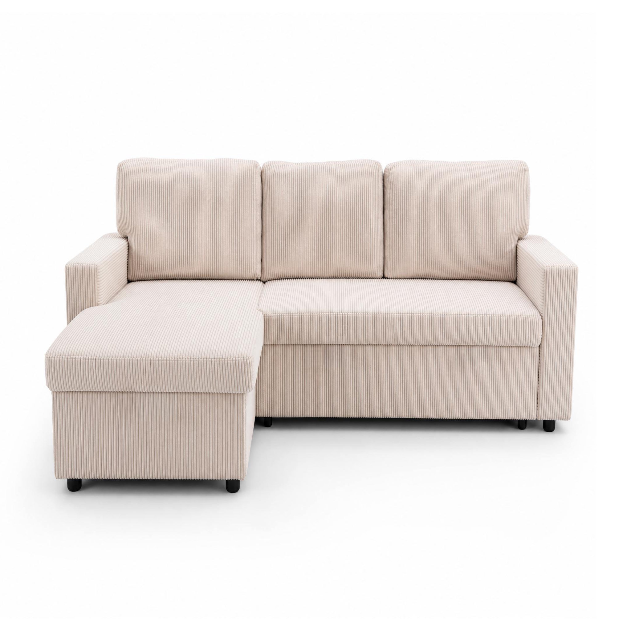 BEST MOBILIER Meiya - canapé d'angle réversible 4 places convertible avec coffre en velours côtelé. Coloris disponibles : Beige
