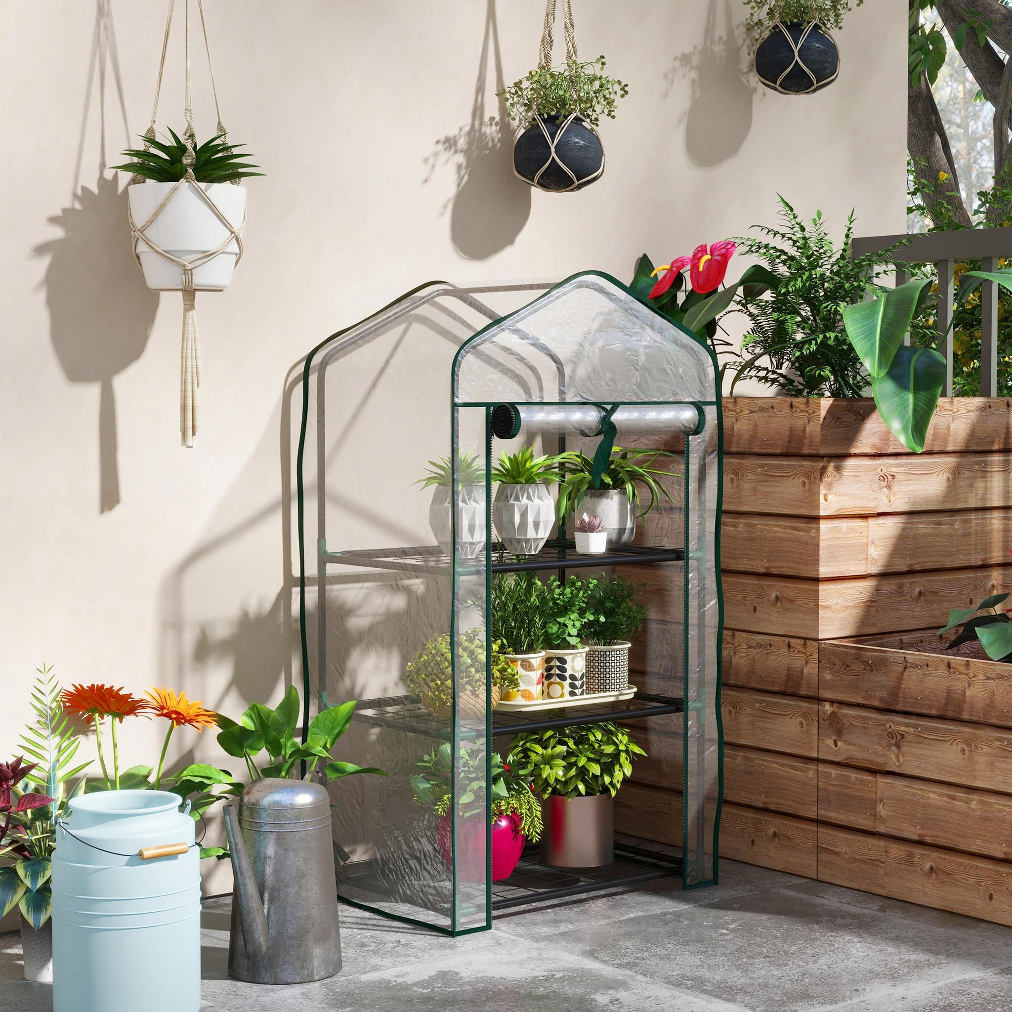 Voir la diapositive 2 : OUTSUNNY Serre de jardin balcon 3 niveaux métal thermolaqué vert pe transparent