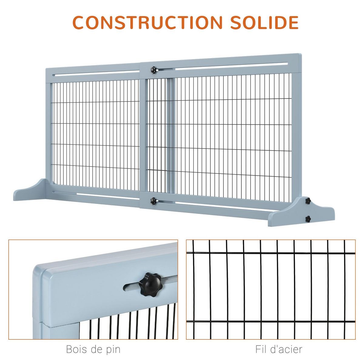 PAWHUT Barrière de sécurité chien barrière autoportante longueur réglable dim. 104-183L x 36l x 69H cm bois pin gris acier noir