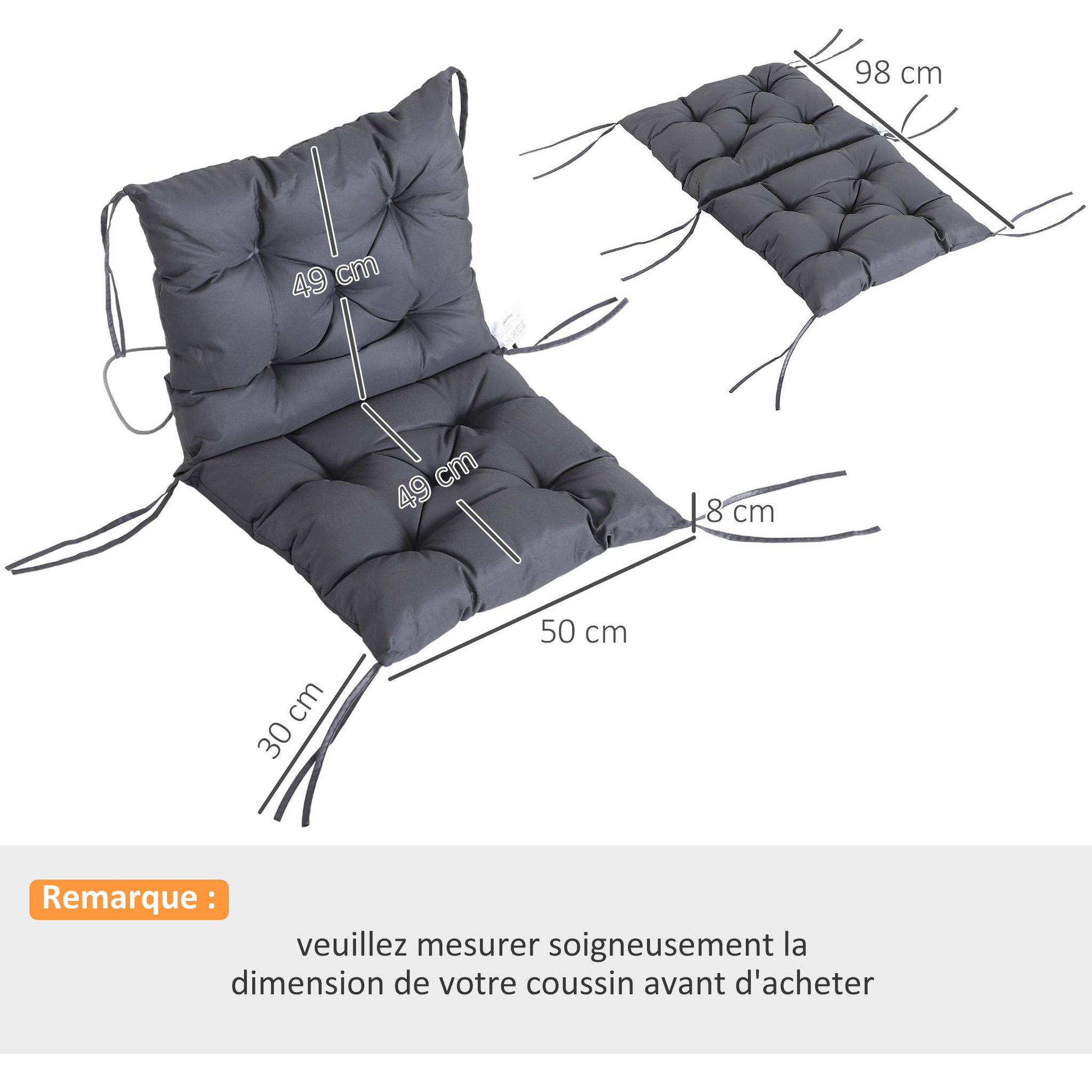 Voir la diapositive 5 : OUTSUNNY Lot de 2 coussins matelas assise dossier 2 en 1 pour chaise fauteuil grand confort 98L x 50l x 8H cm gris
