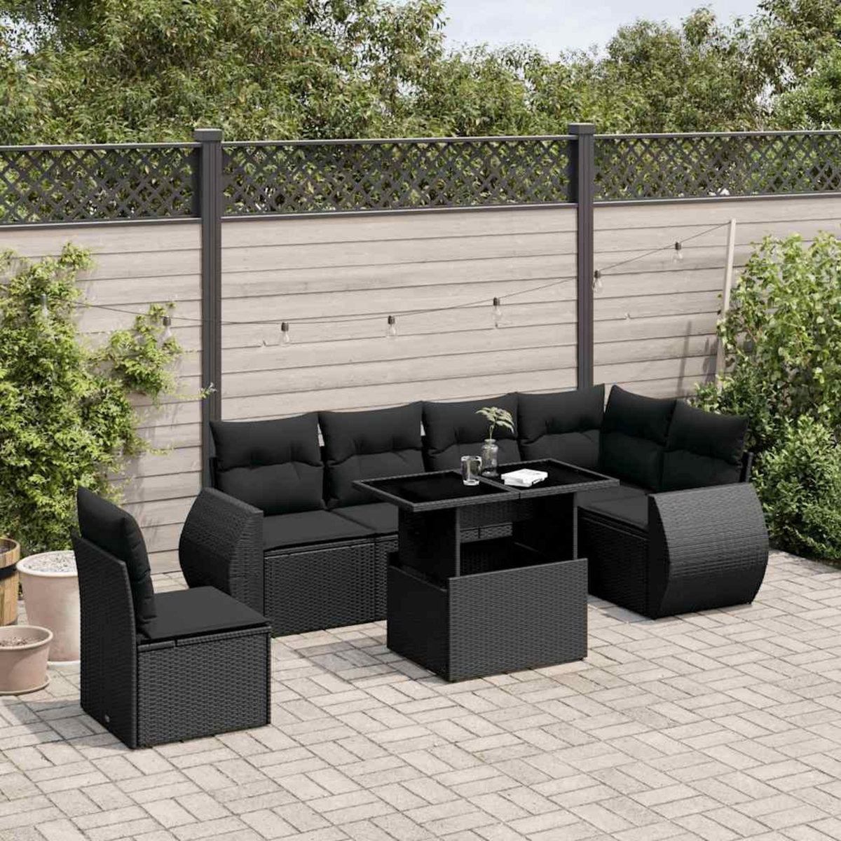 VIDAXL Salon de jardin 7 pcs avec coussins noir resine tressee
