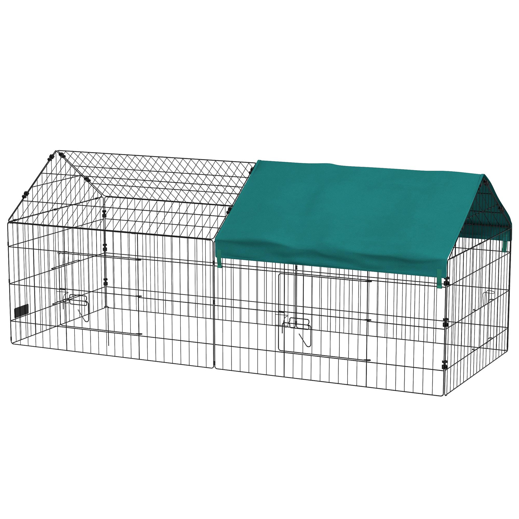 Voir la diapositive 5 : PAWHUT Parc enclos petits animaux - 2 portes, 2 trappes nourrissages, zone couverte - acier noir polyester vert