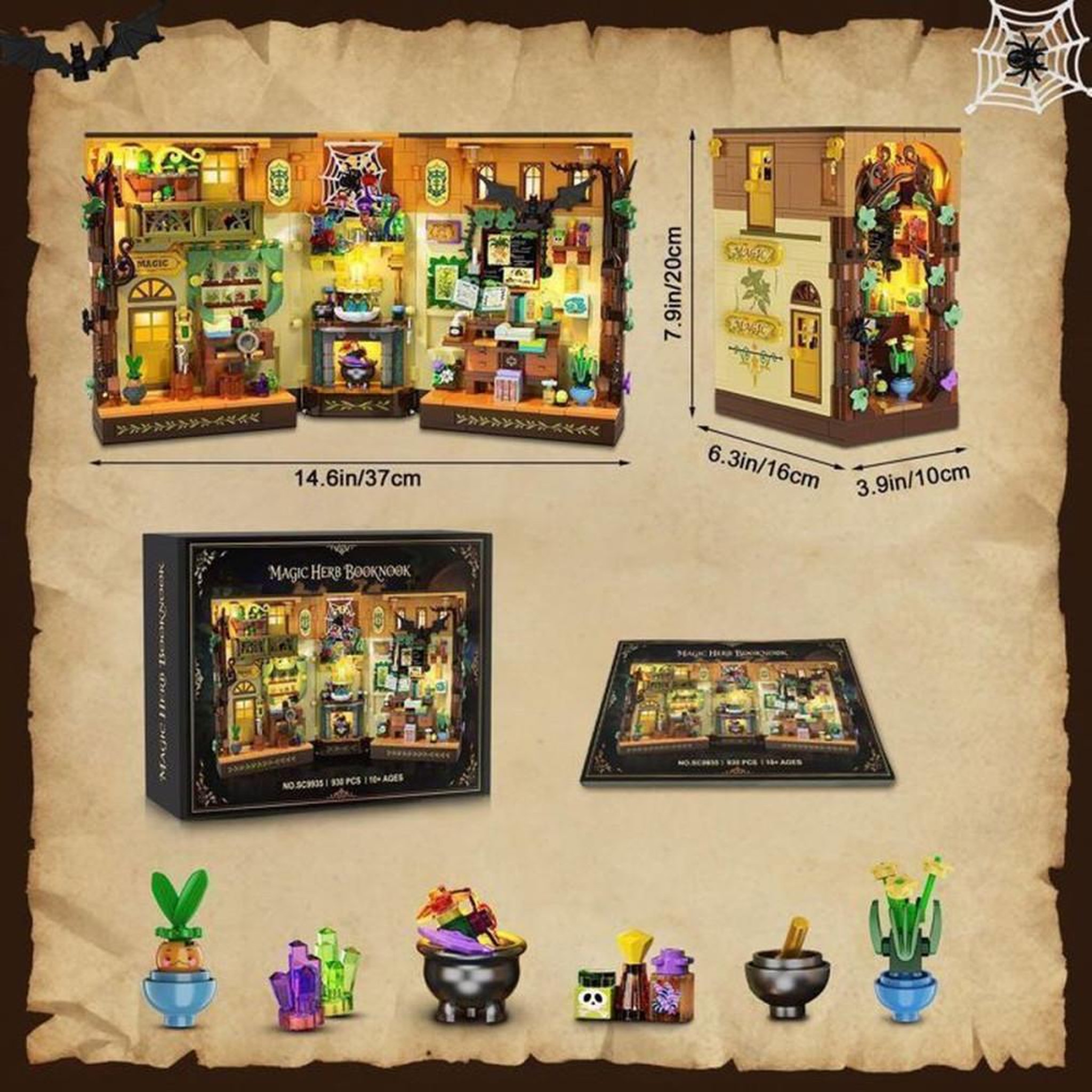 Voir la diapositive 2 : Coffret de construction LED Book Nook magie aux herbes, 930 pièces ABS, maquette bibliothèque