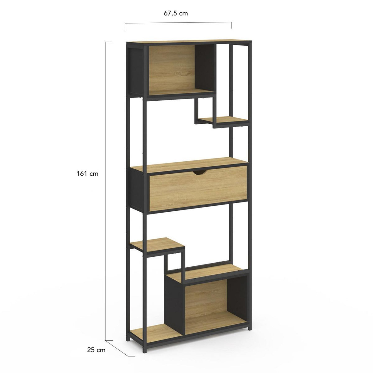 ID MARKET Etagère bibliothèque 6 niveaux asymétrique DETROIT avec tiroir design industriel 161 cm