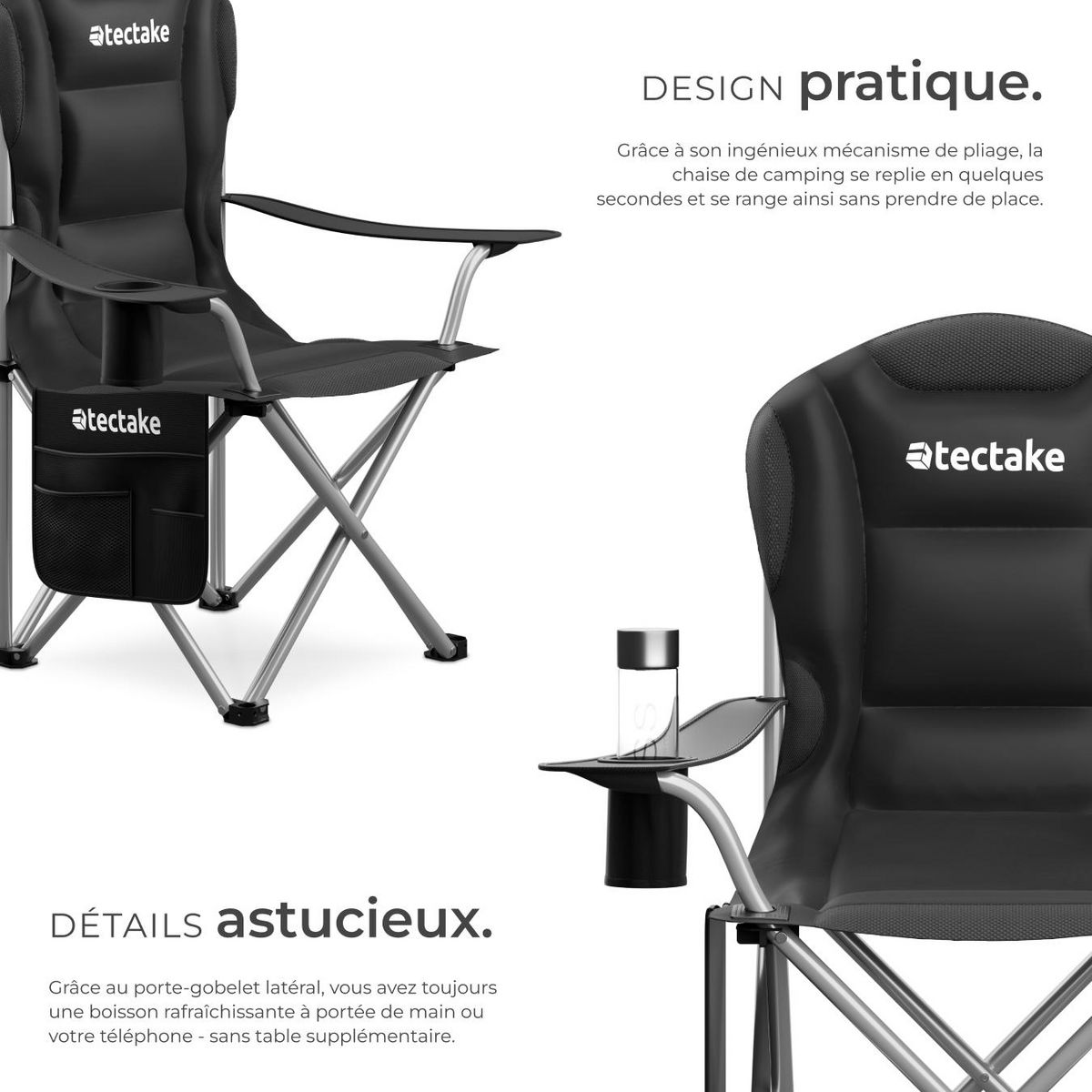 tectake Chaise de camping rembourrée pliable avec sac de transport inclus noir Ensemble de 2 pièces