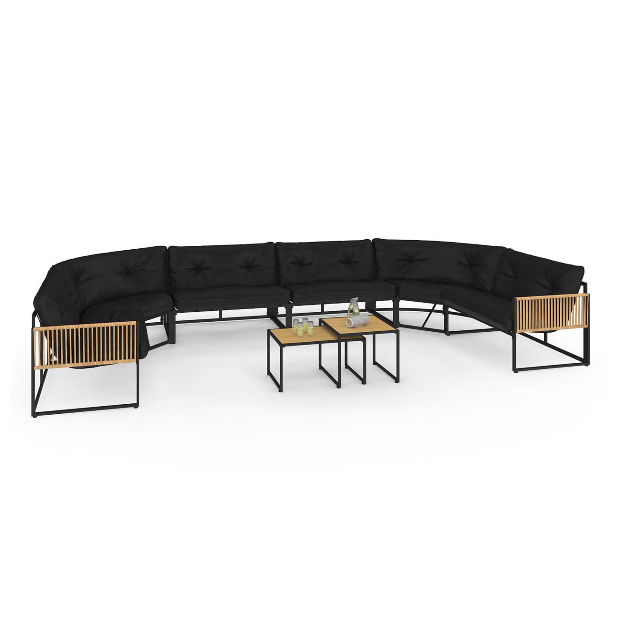 ID MARKET Salon de jardin bas rio 12 places salon d'angle structure métal noir et cordage effet rotin avec coussins noirs