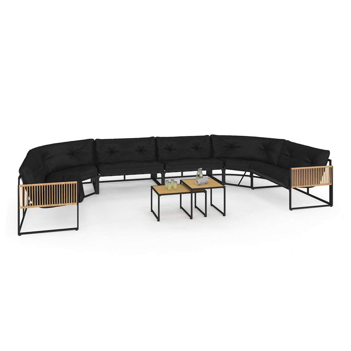 ID MARKET Salon de jardin bas RIO 12 places salon d'angle structure métal noir et cordage effet rotin avec coussins noirs