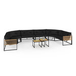 ID MARKET Salon de jardin bas RIO 12 places salon d'angle structure métal noir et cordage effet rotin avec coussins noirs